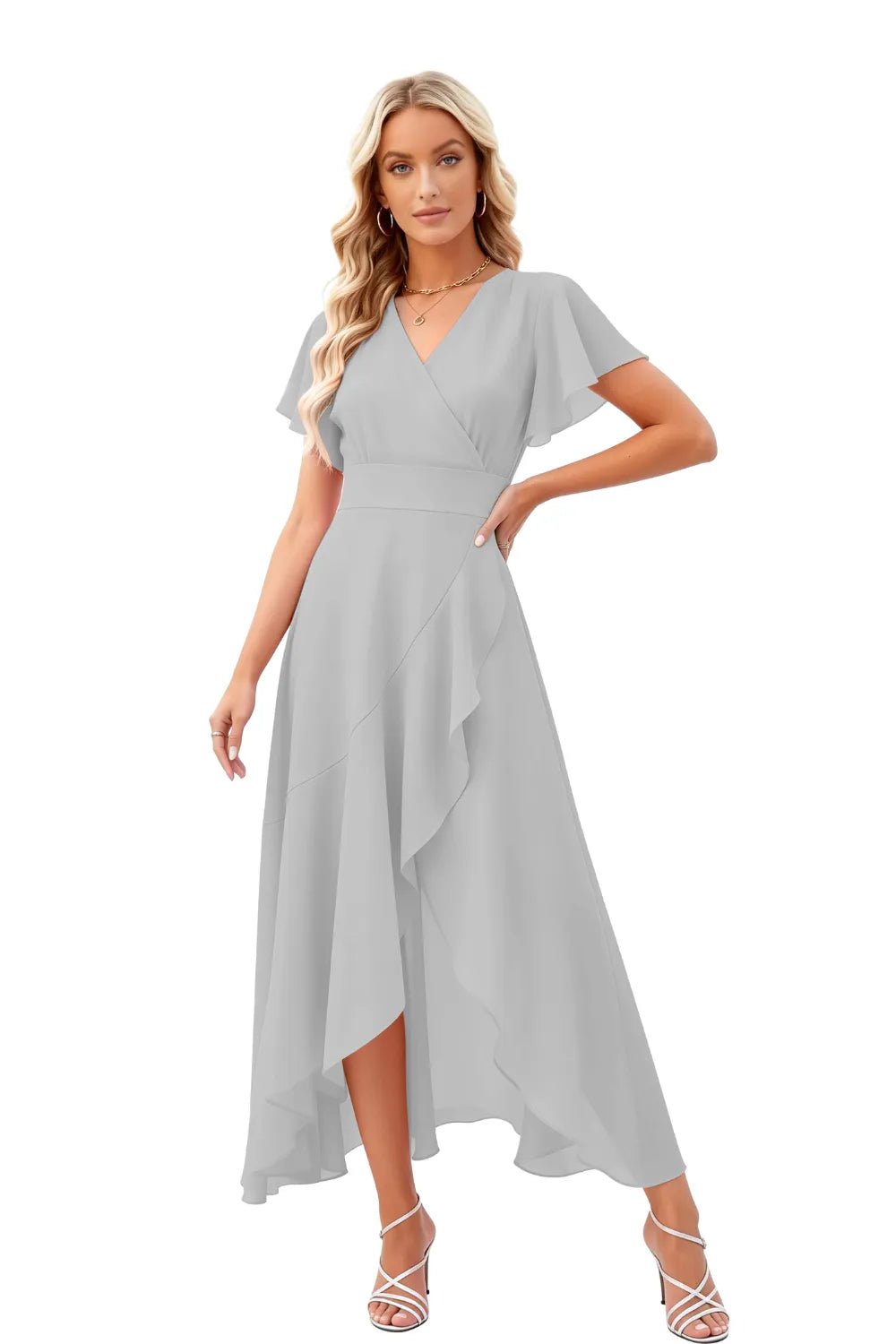 Elegant Flutter Sleeve High-Low Midi Dress