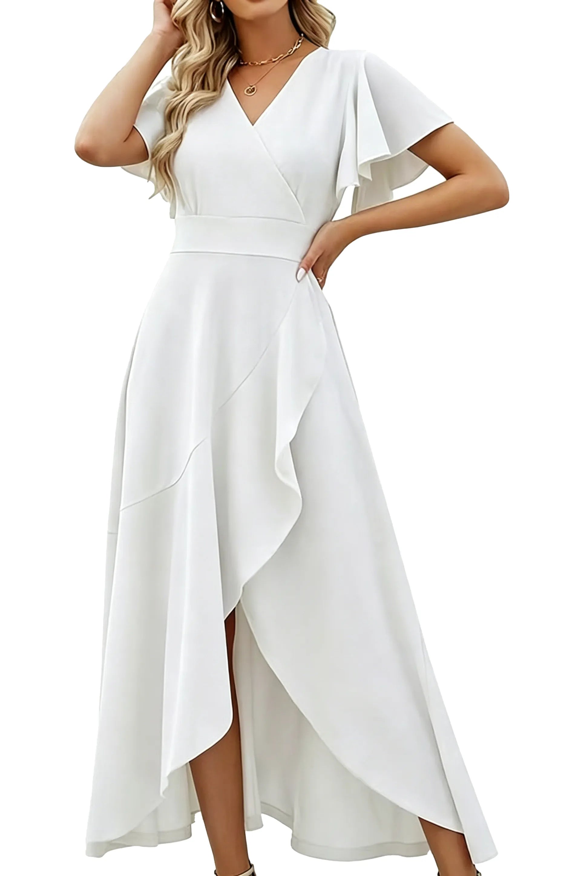 Elegant Flutter Sleeve High-Low Midi Dress