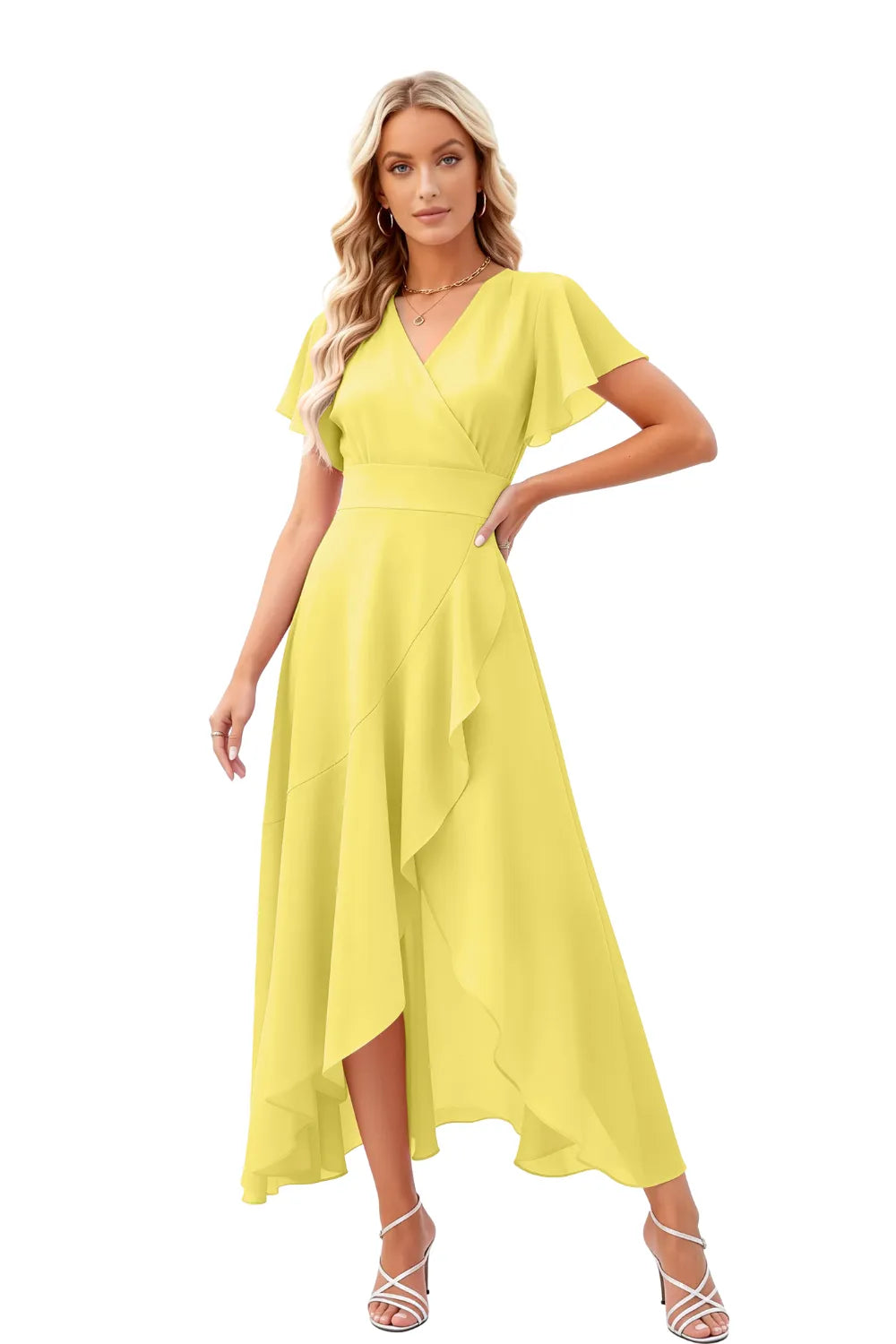 Elegant Flutter Sleeve High-Low Midi Dress