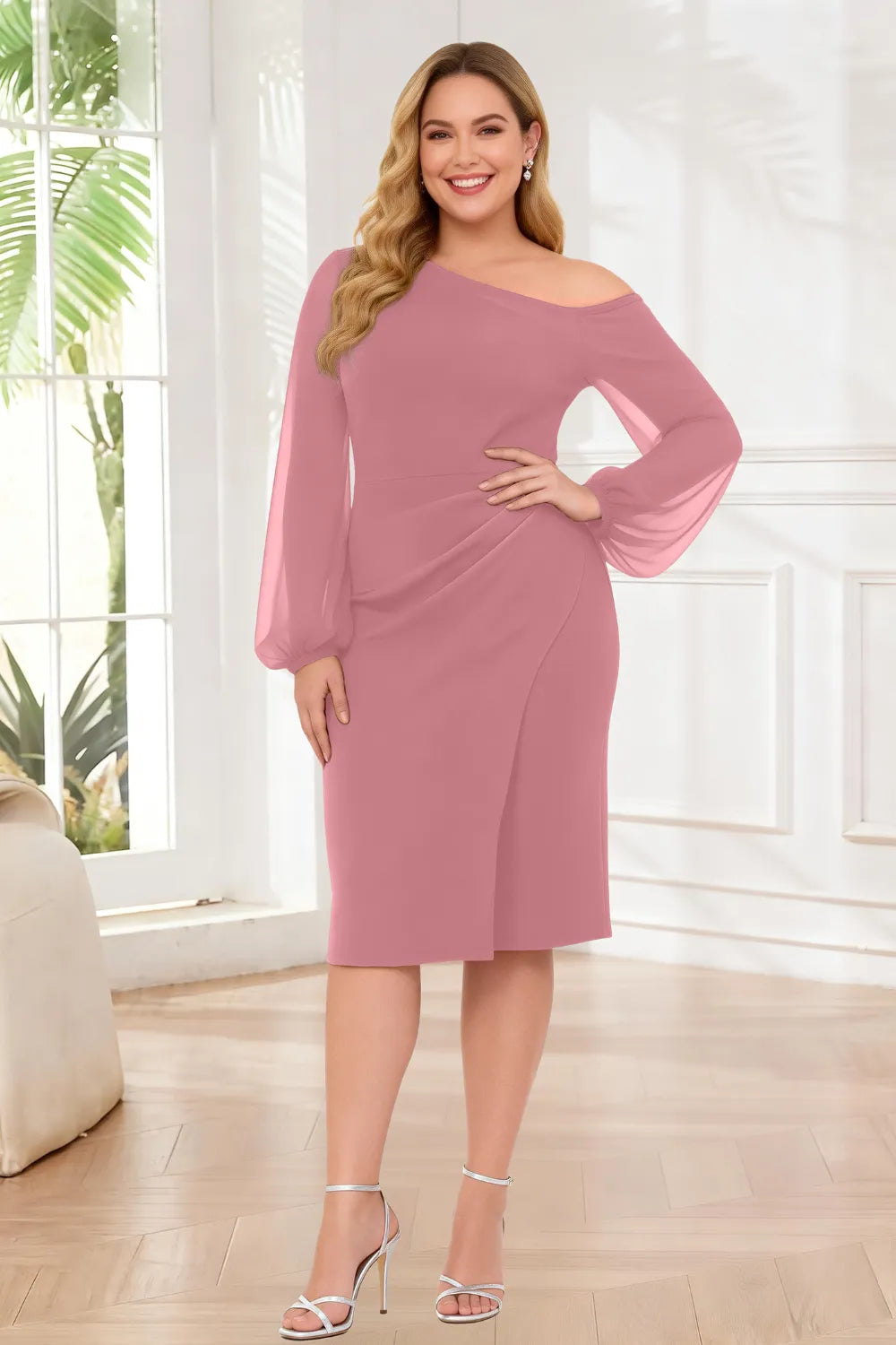 Graceful Asymmetric Neck Sheath Party Dress