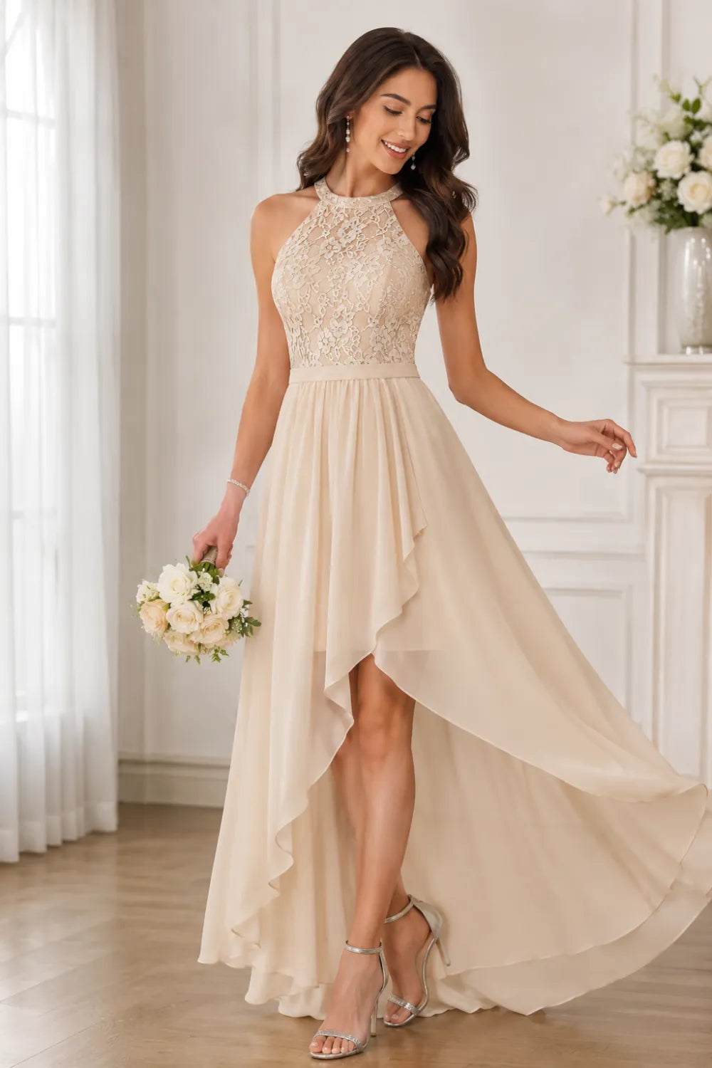 Lace Bodice High Low Wedding Guest Dress