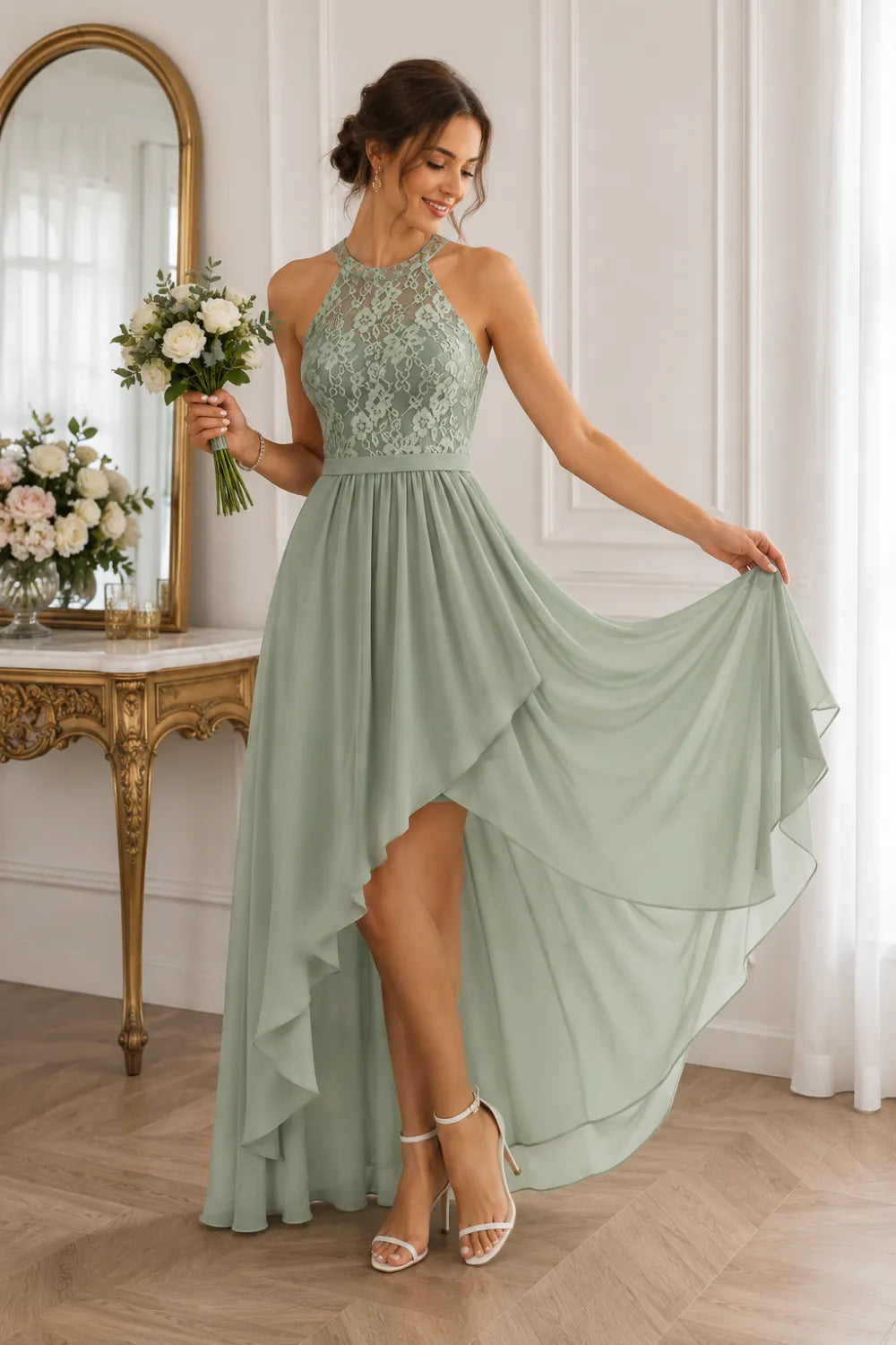 Lace Bodice High Low Wedding Guest Dress
