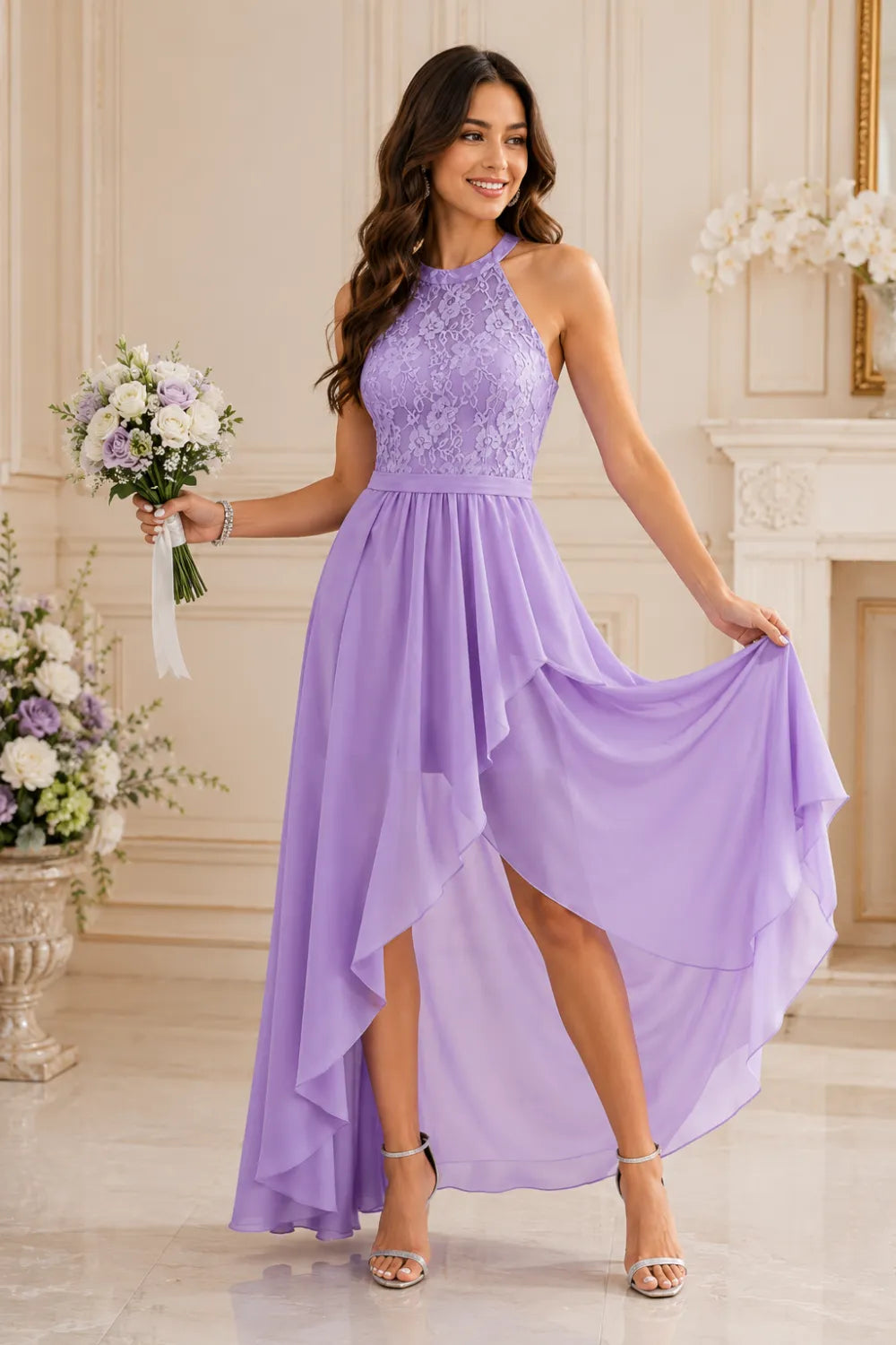 Lace Bodice High Low Wedding Guest Dress