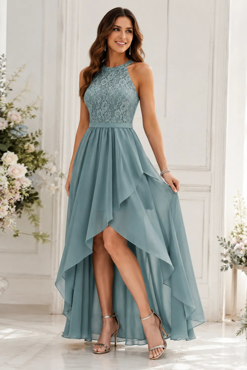 Lace Bodice High Low Wedding Guest Dress