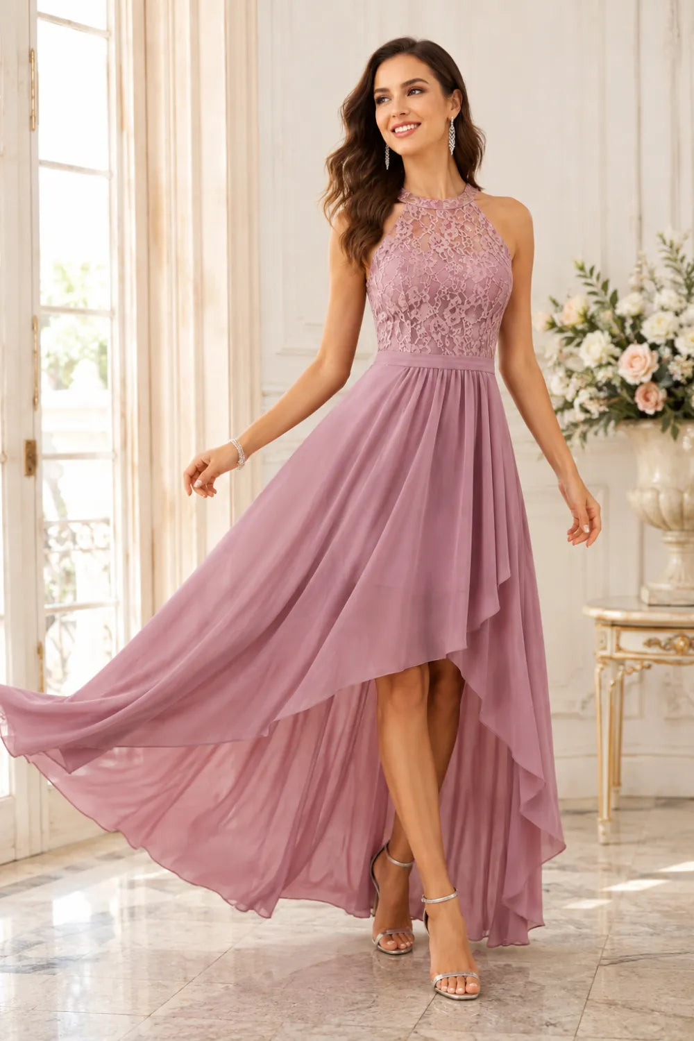 Lace Bodice High Low Wedding Guest Dress