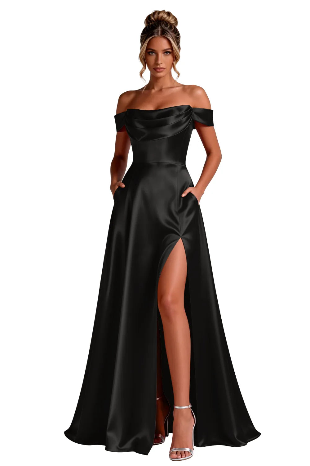 Off-Shoulder Satin A-Line Evening Gown with Slit