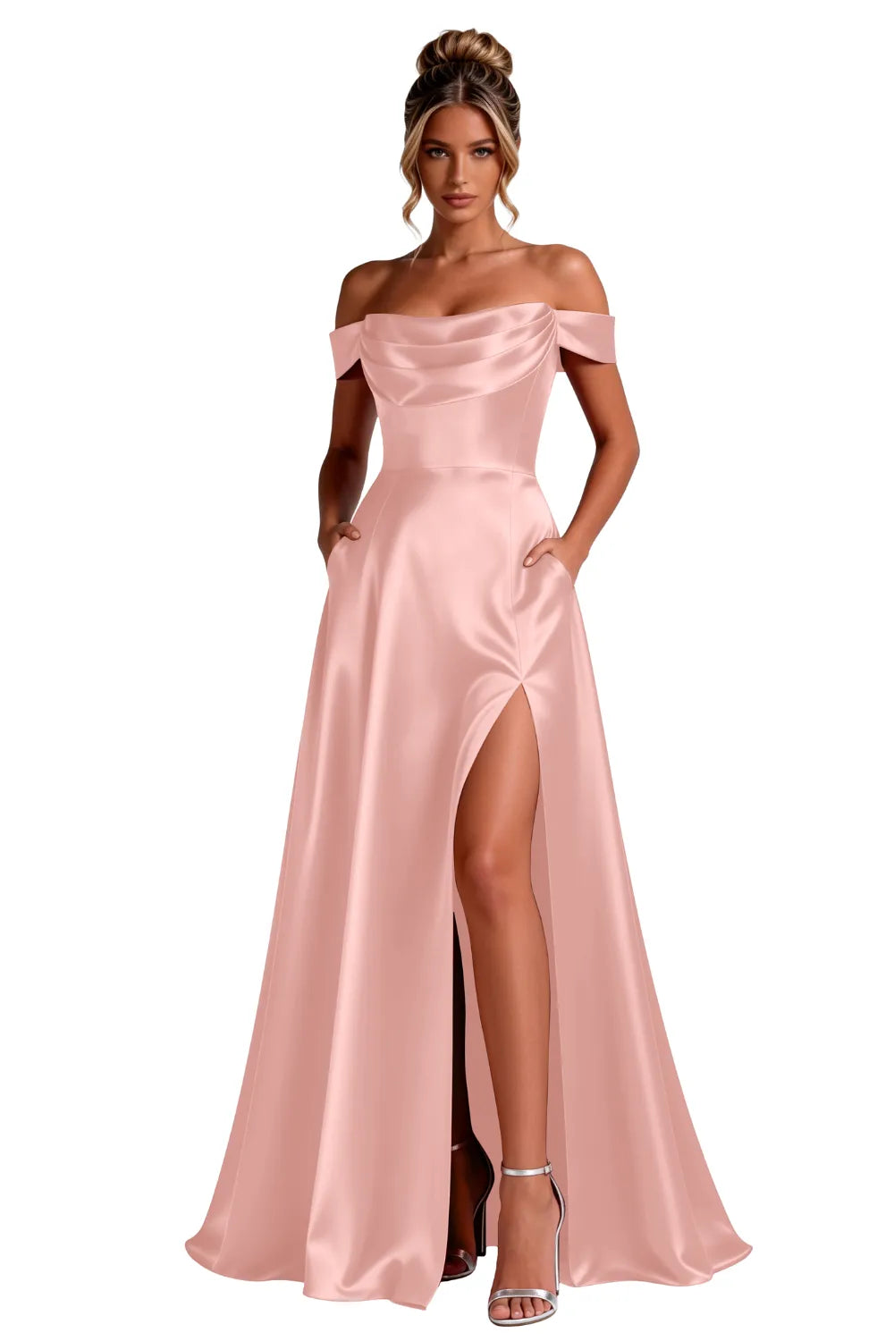 Off-Shoulder Satin A-Line Evening Gown with Slit