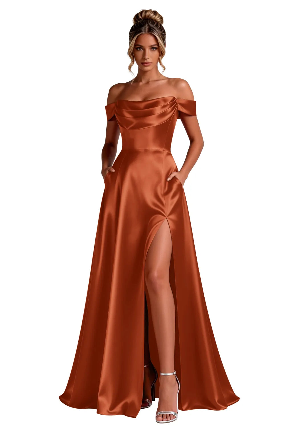 Off-Shoulder Satin A-Line Evening Gown with Slit