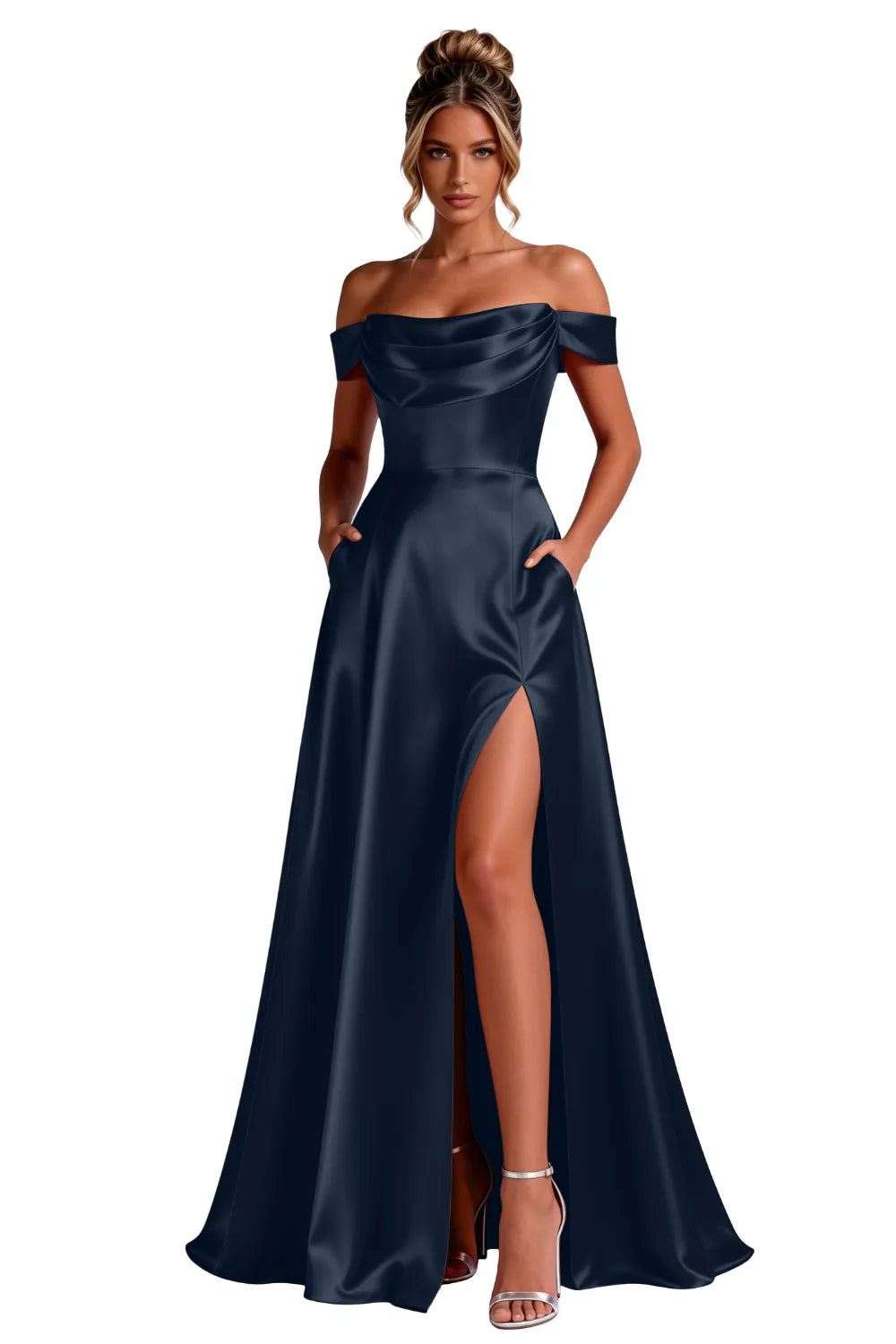 Off-Shoulder Satin A-Line Evening Gown with Slit