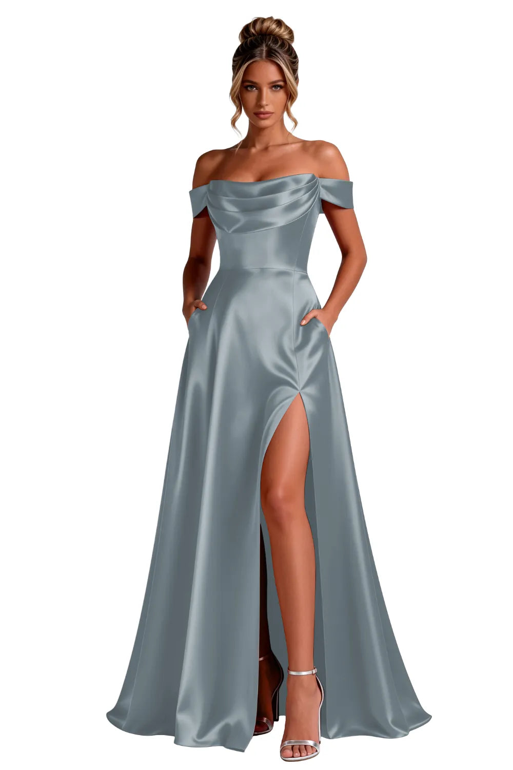 Off-Shoulder Satin A-Line Evening Gown with Slit