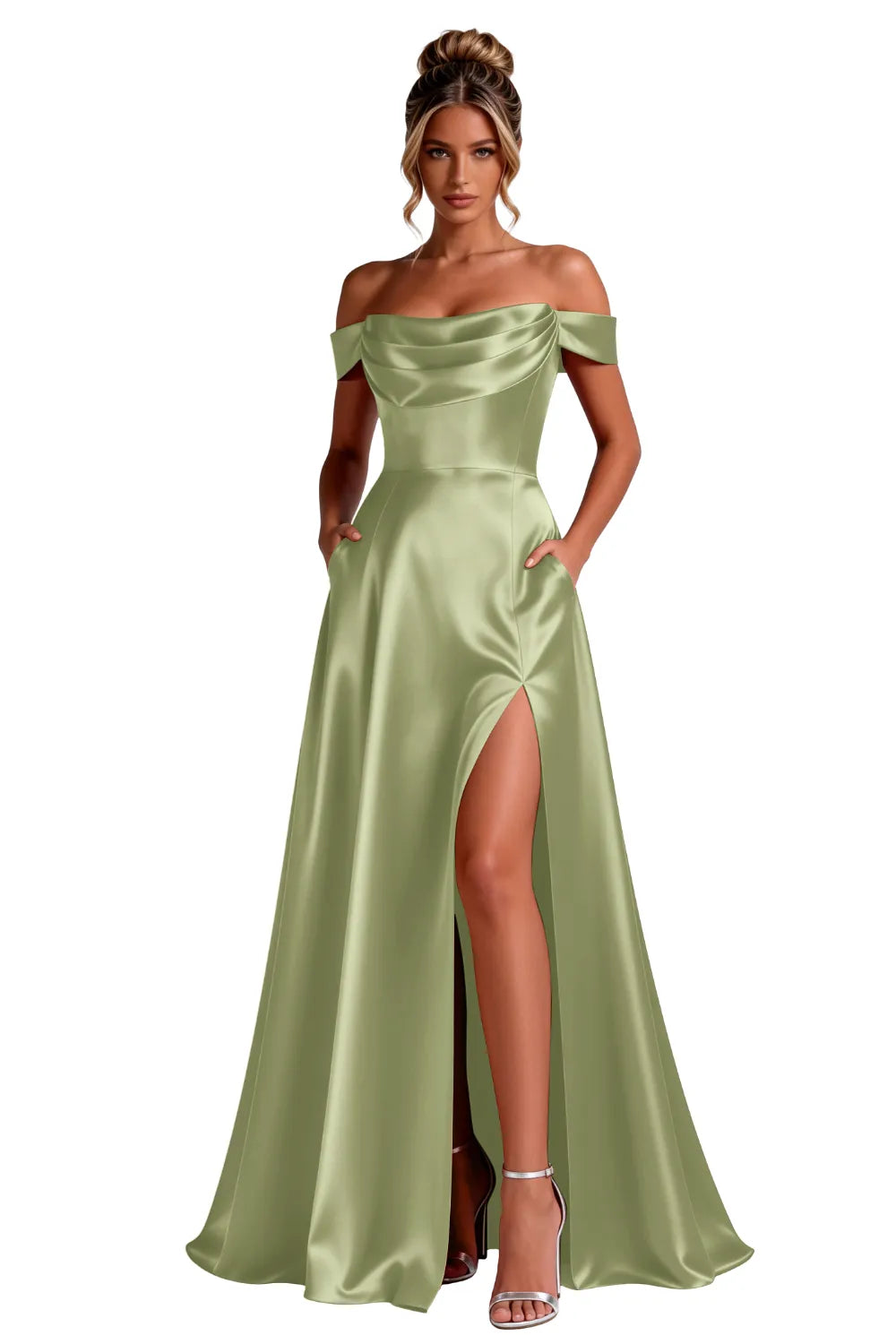 Off-Shoulder Satin A-Line Evening Gown with Slit