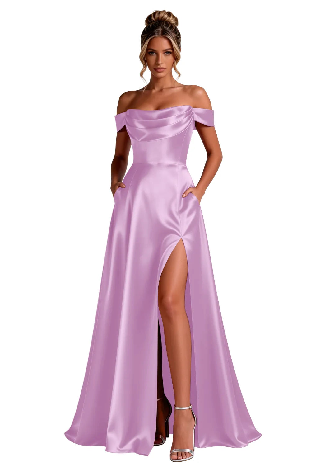 Off-Shoulder Satin A-Line Evening Gown with Slit