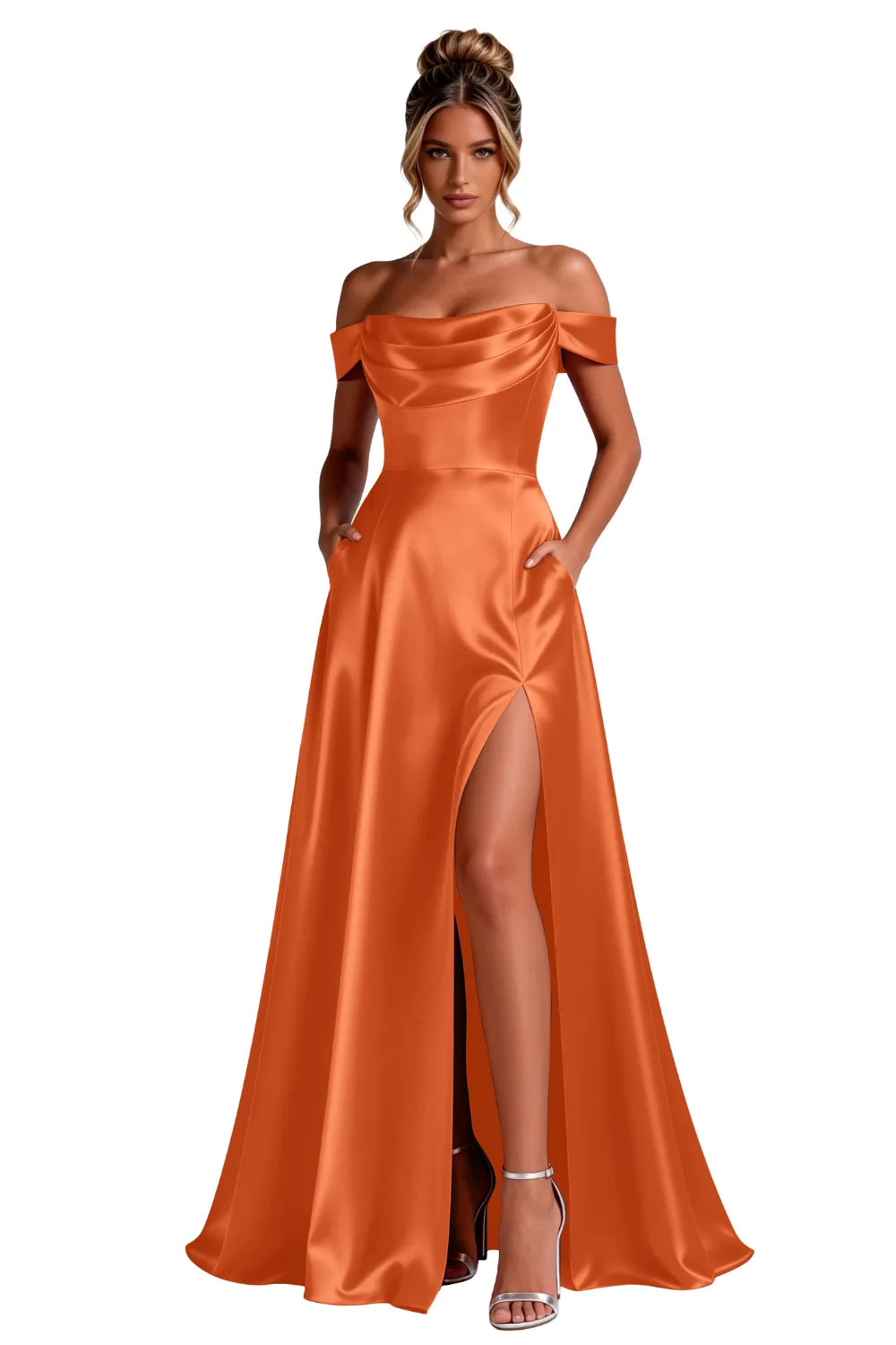 Off-Shoulder Satin A-Line Evening Gown with Slit
