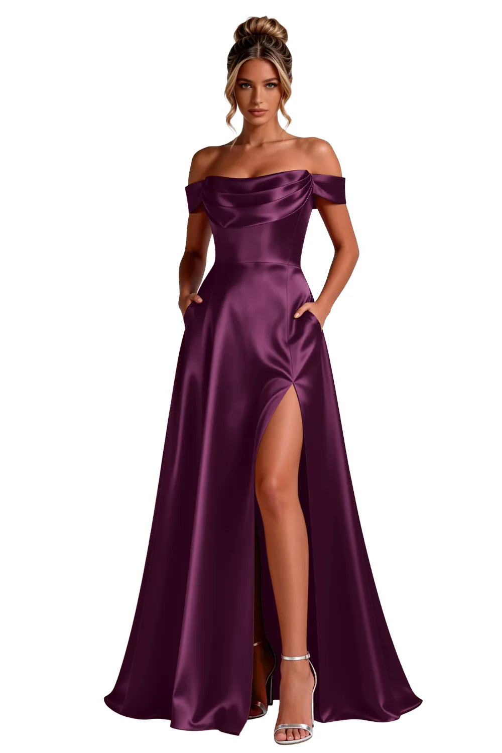 Off-Shoulder Satin A-Line Evening Gown with Slit