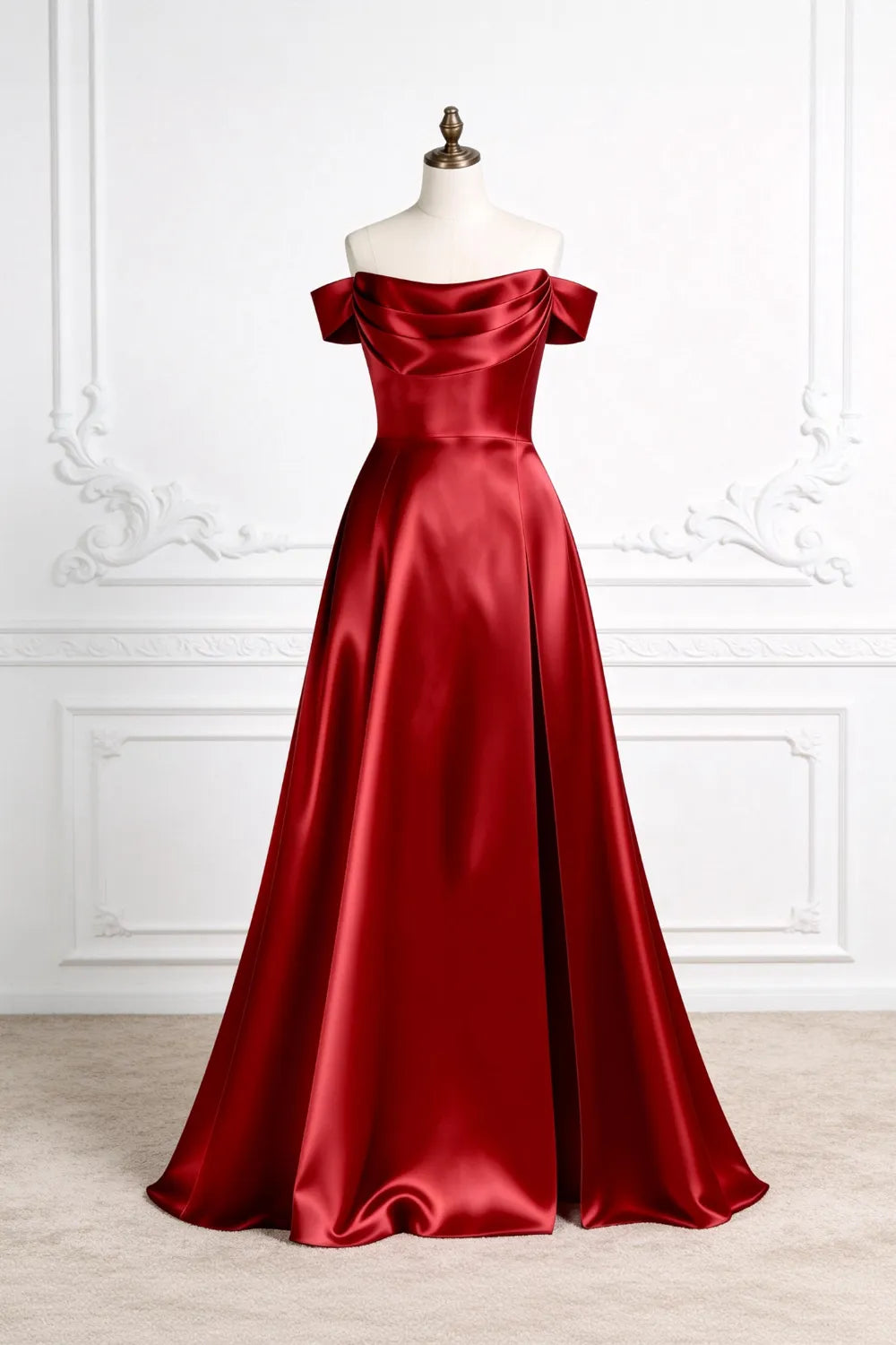 Off-Shoulder Satin A-Line Evening Gown with Slit