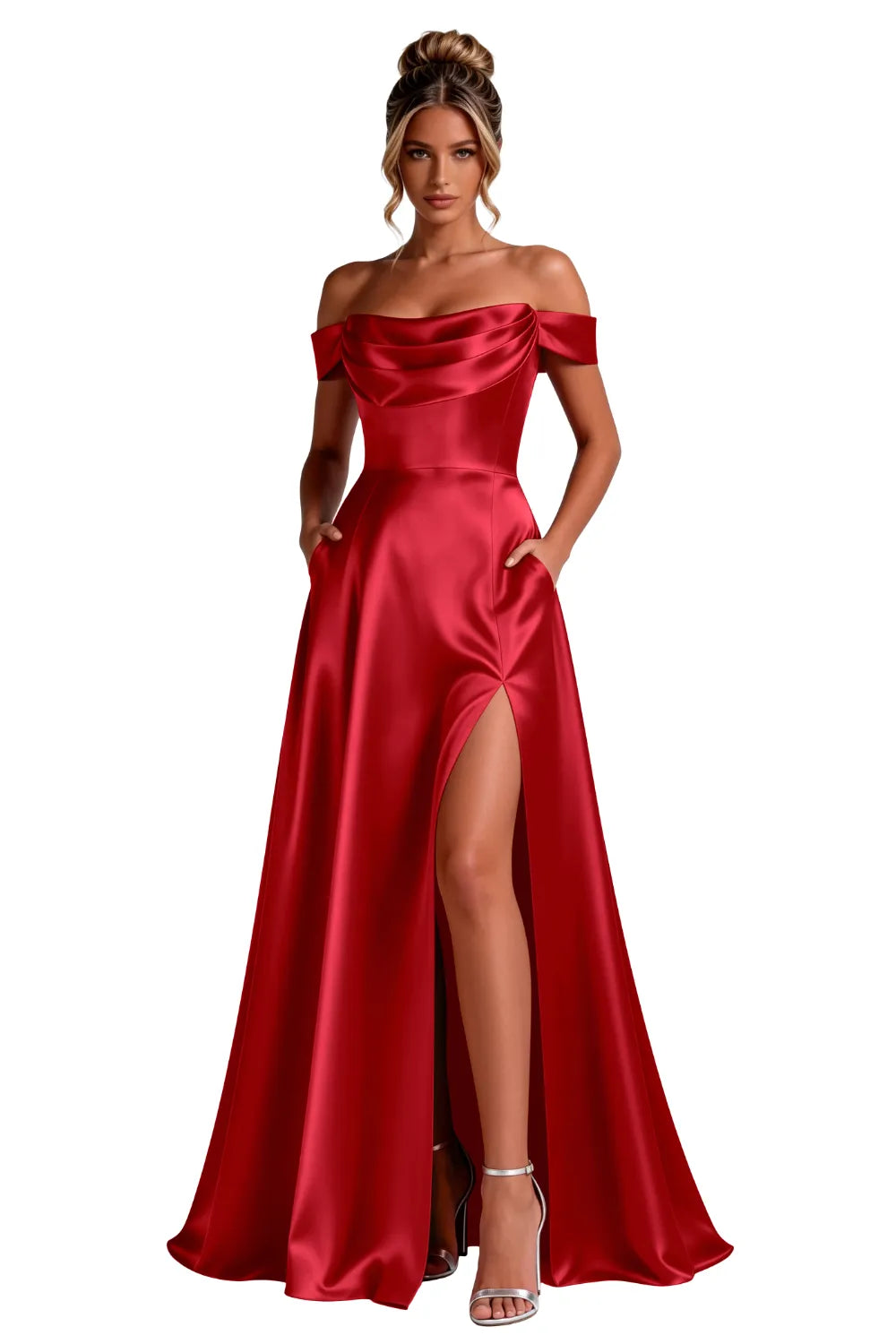 Off-Shoulder Satin A-Line Evening Gown with Slit