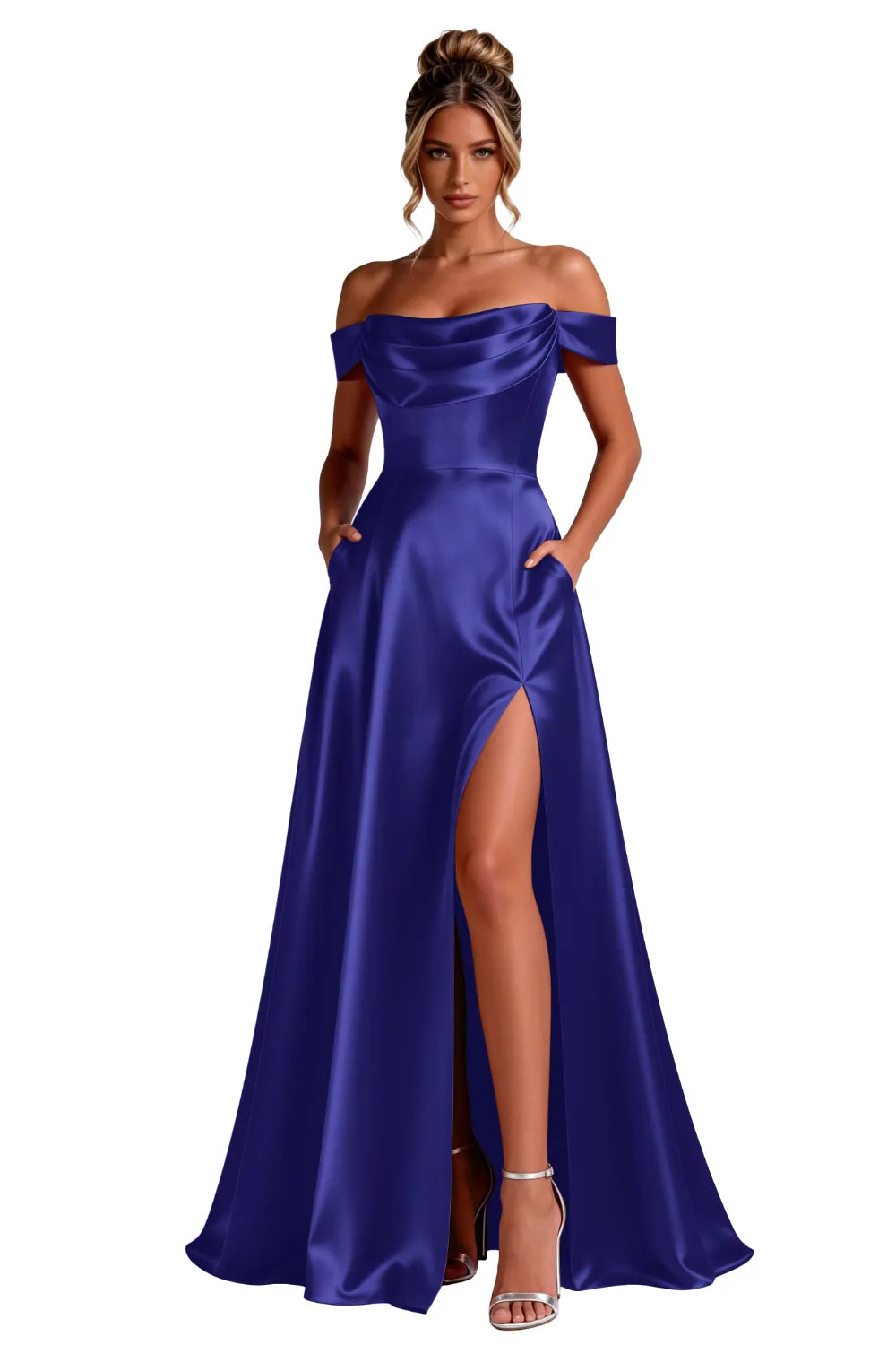 Off-Shoulder Satin A-Line Evening Gown with Slit
