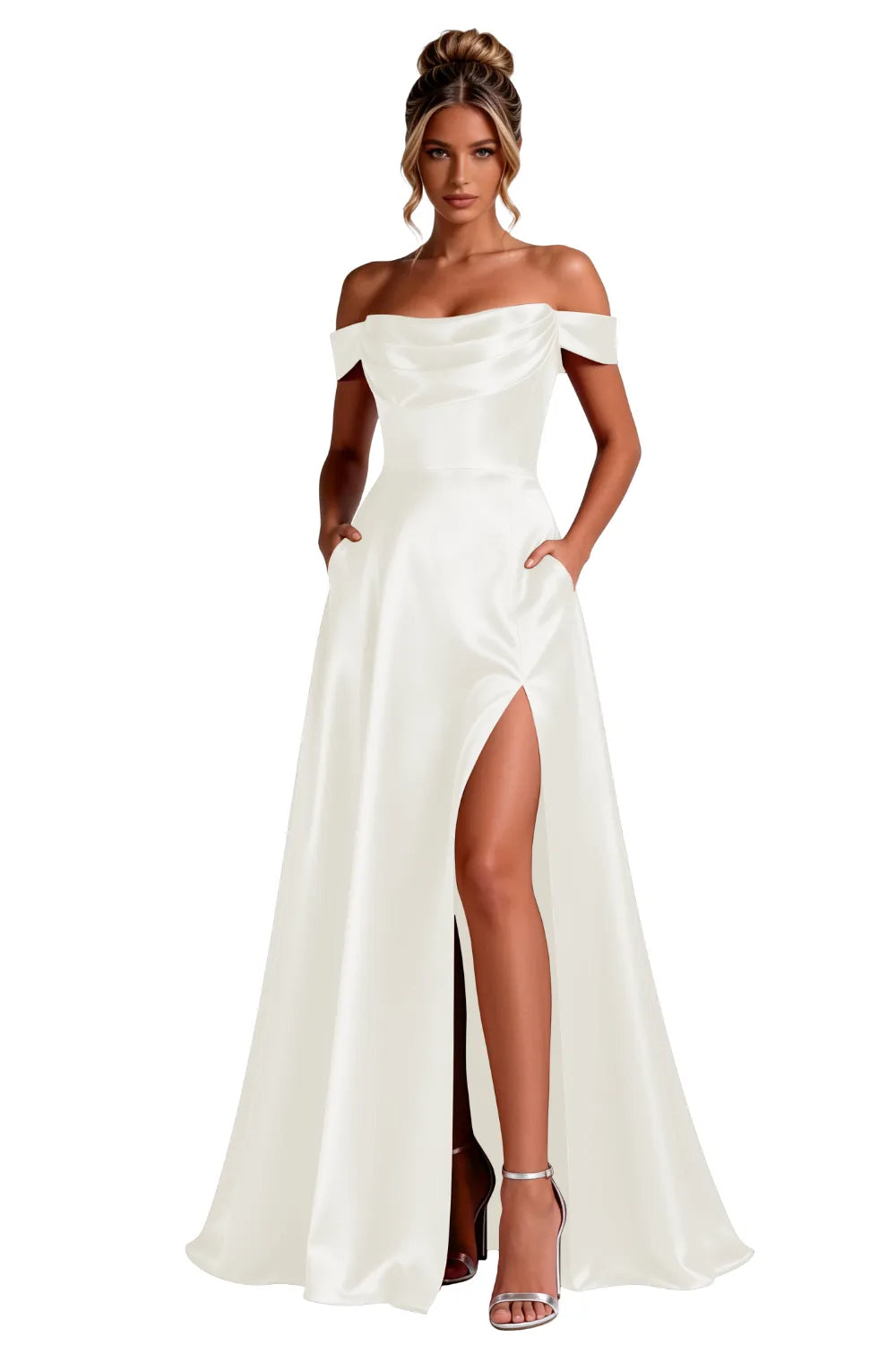 Off-Shoulder Satin A-Line Evening Gown with Slit