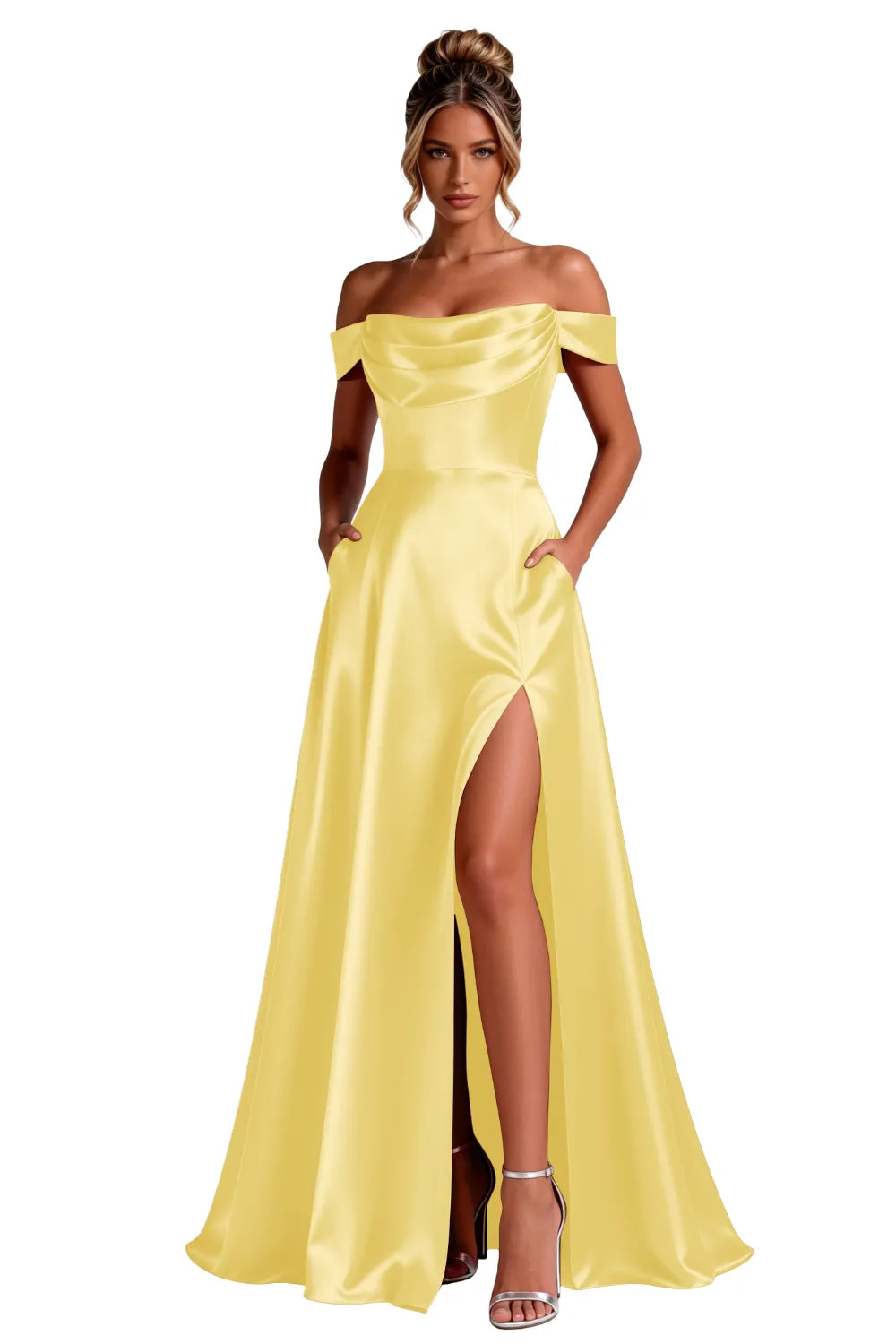 Off-Shoulder Satin A-Line Evening Gown with Slit