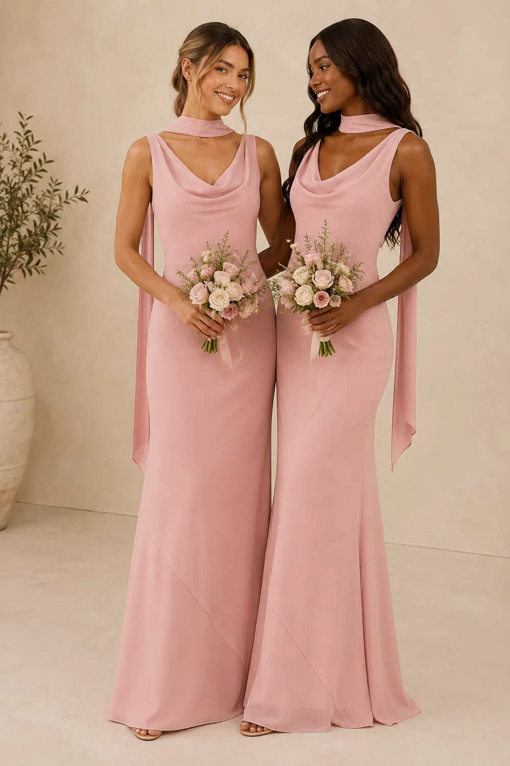 Graceful Scarf Detail Formal Evening Dress