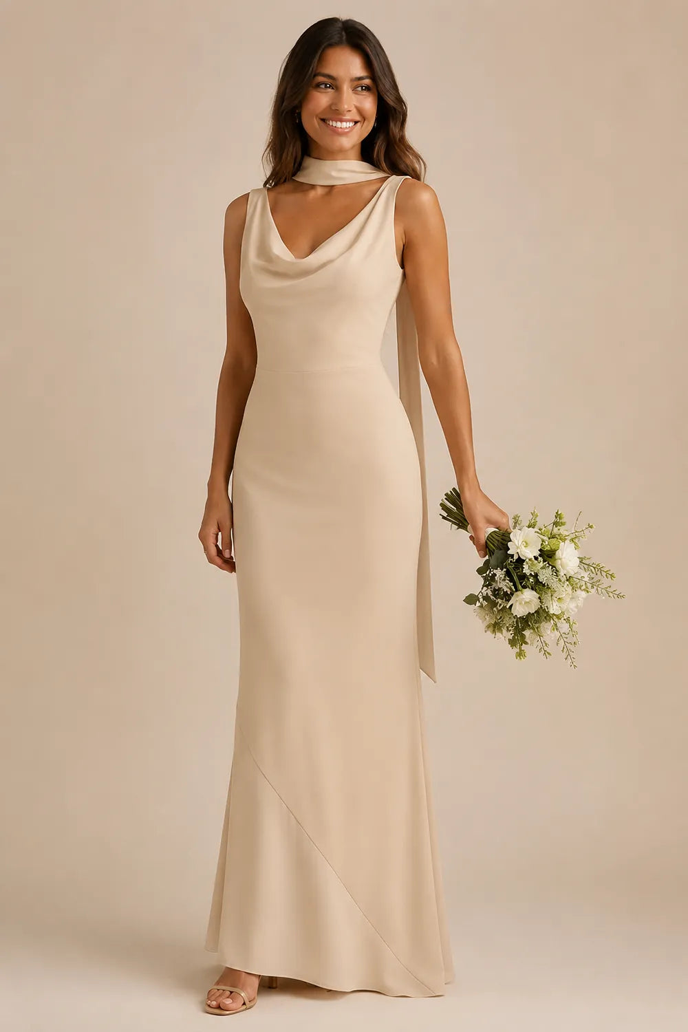 Graceful Scarf Detail Formal Evening Dress