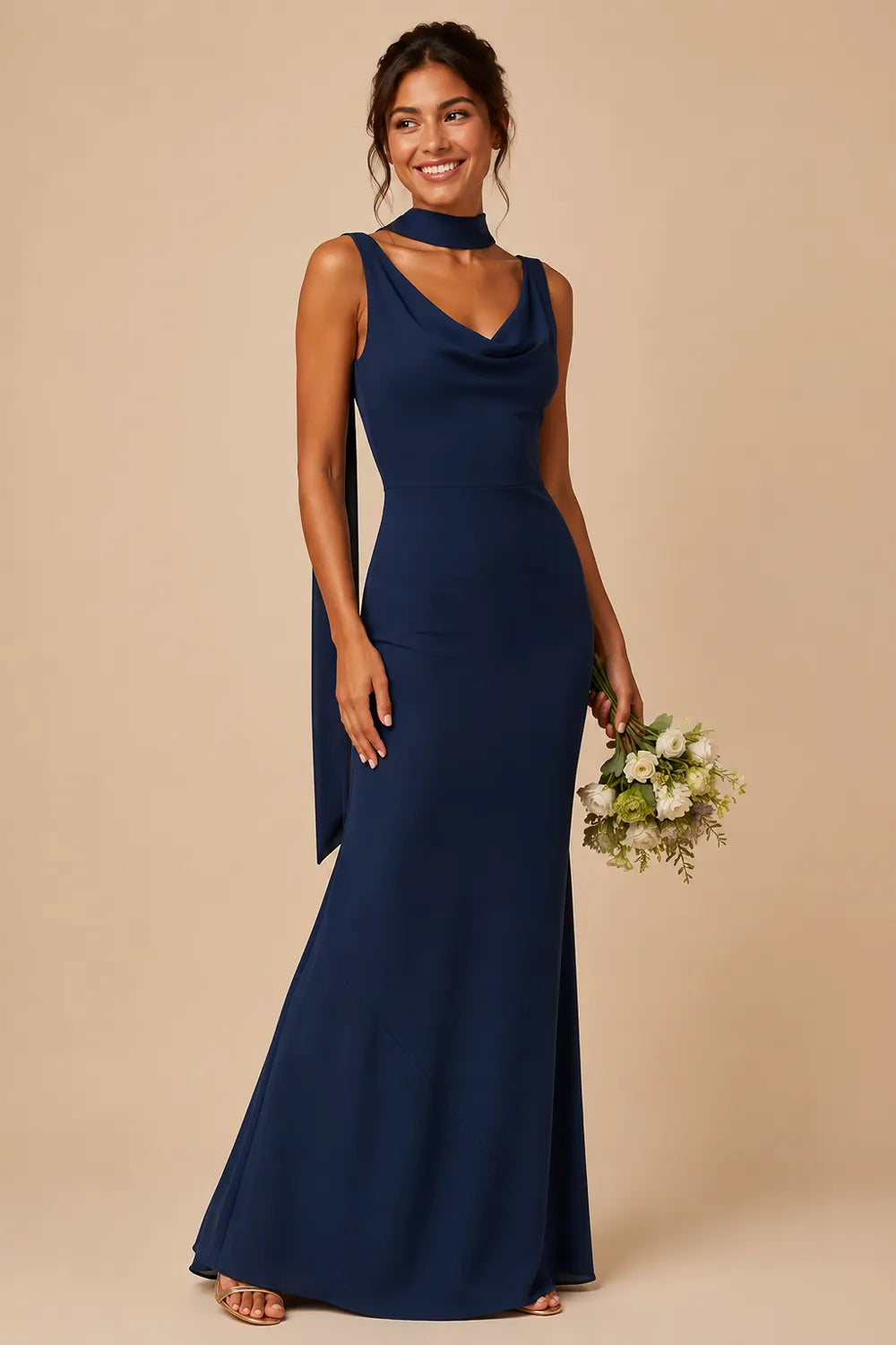 Graceful Scarf Detail Formal Evening Dress