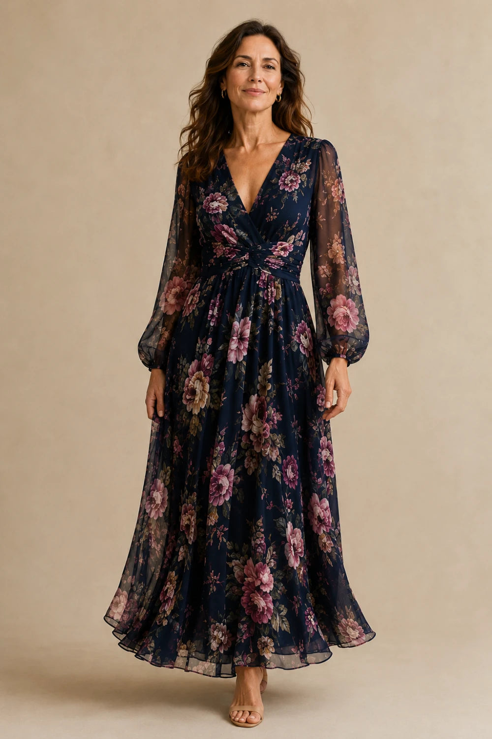 Navy Rose Floral Long-Sleeve Chiffon Maxi Dress