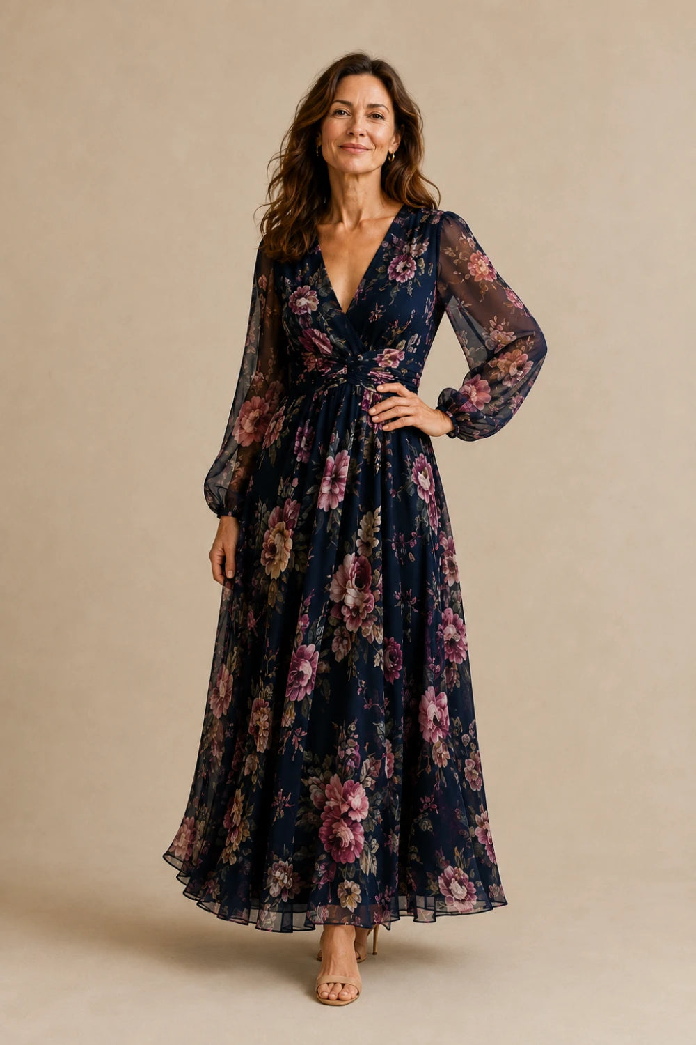 Navy Rose Floral Long-Sleeve Chiffon Maxi Dress