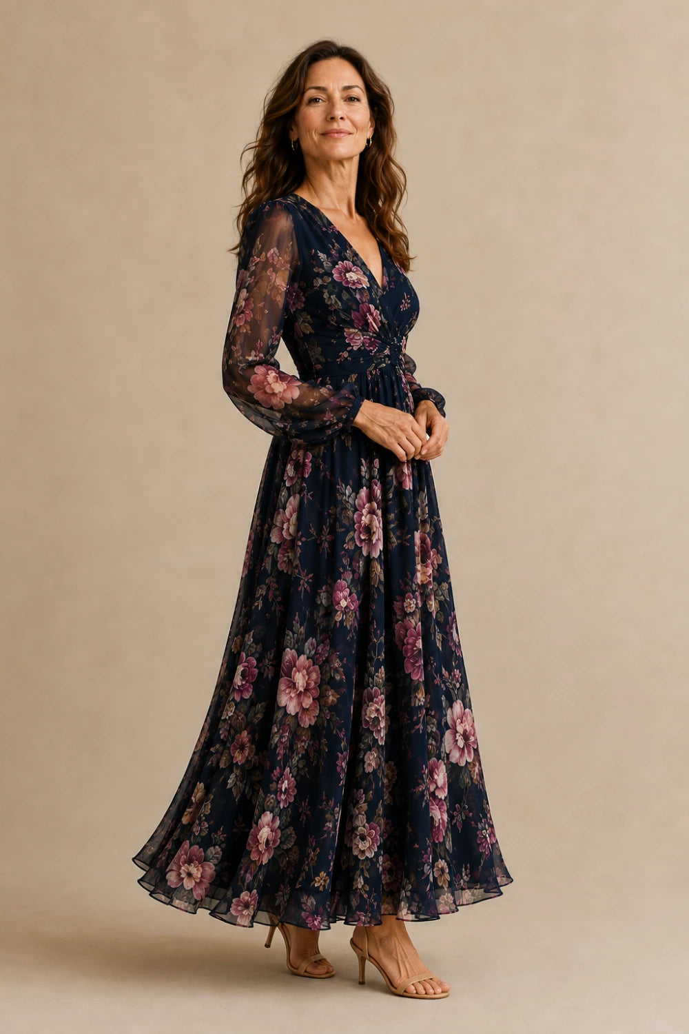 Navy Rose Floral Long-Sleeve Chiffon Maxi Dress