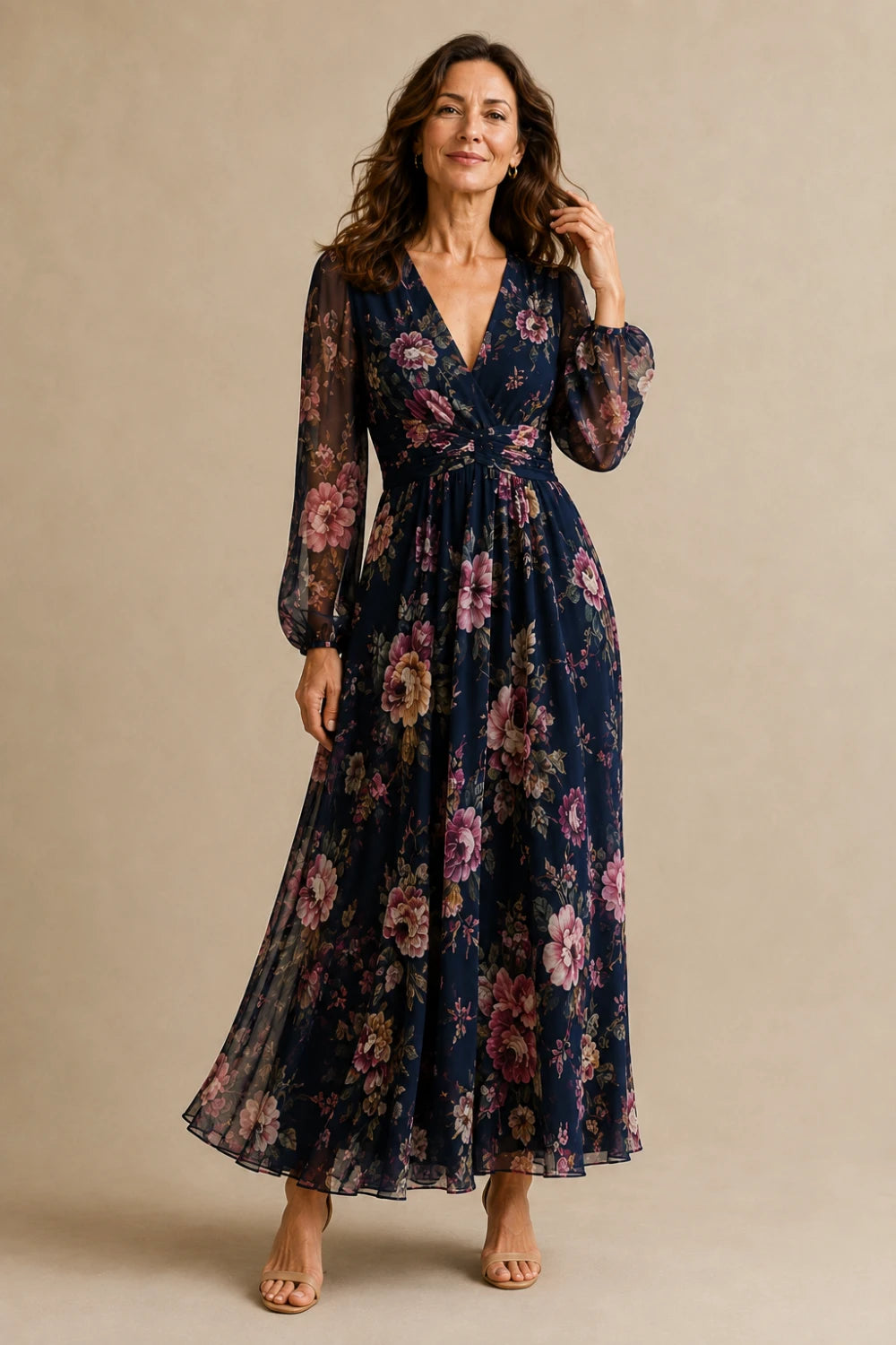 Navy Rose Floral Long-Sleeve Chiffon Maxi Dress