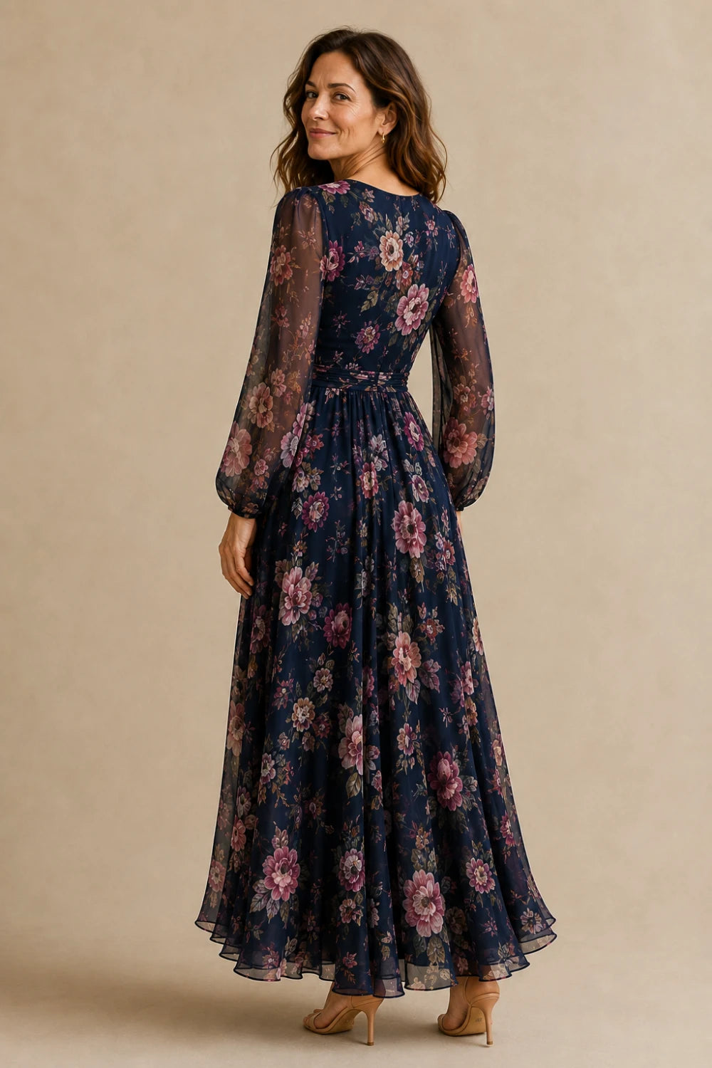 Navy Rose Floral Long-Sleeve Chiffon Maxi Dress