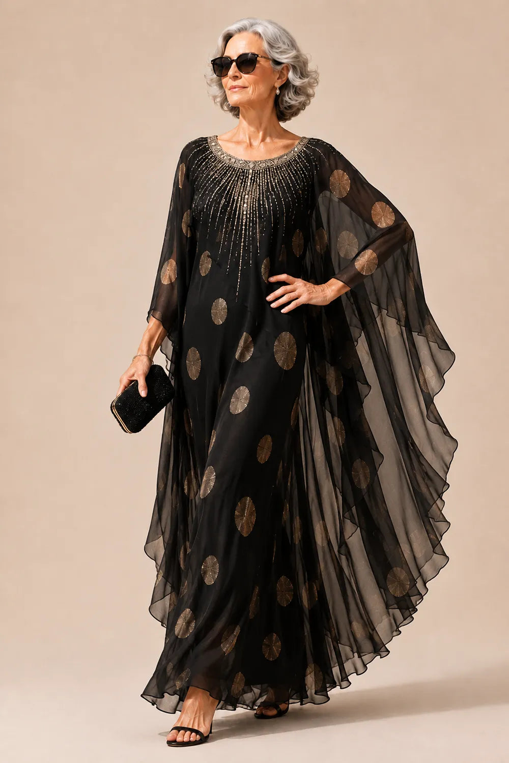 Beaded Chiffon Kaftan Evening Gown