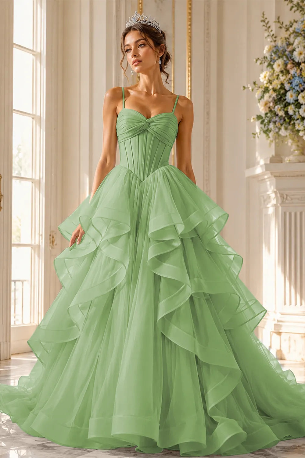 Romantic Ruffled Tulle Prom Dress Gown