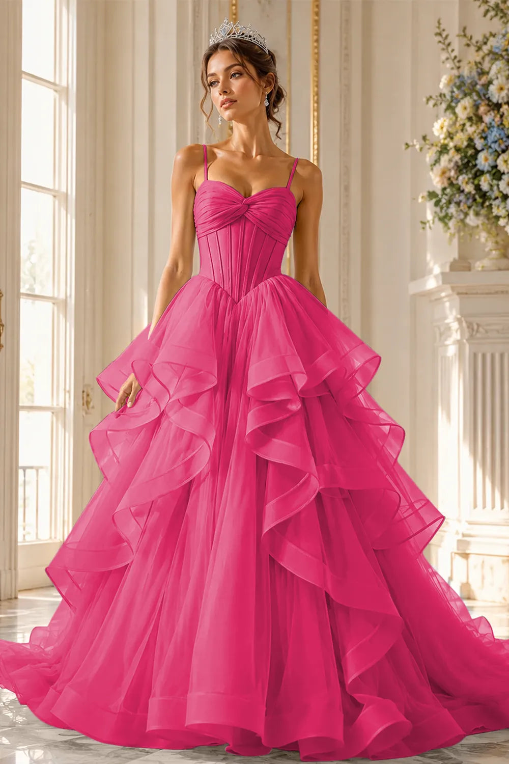 Romantic Ruffled Tulle Prom Dress Gown