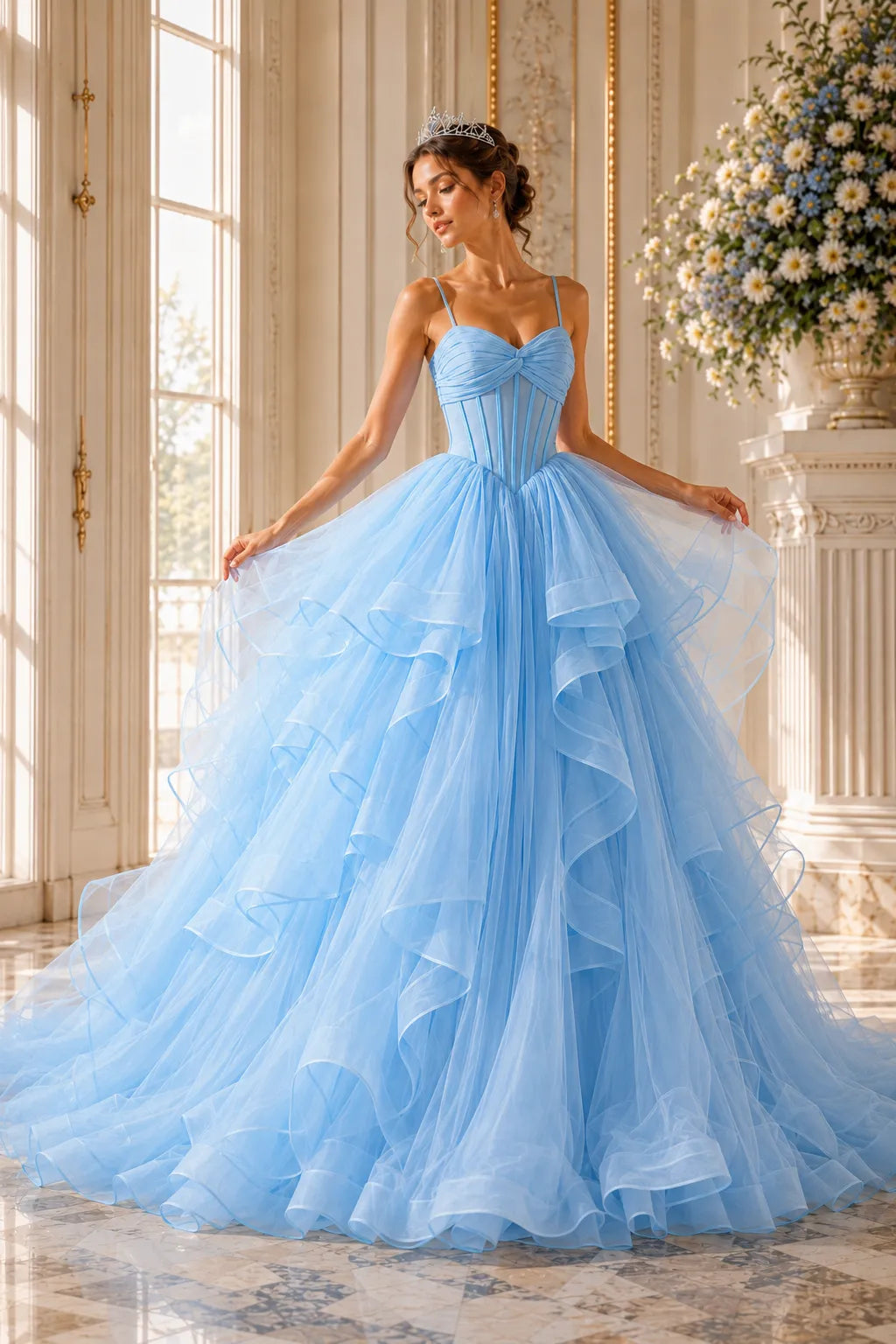 Romantic Ruffled Tulle Prom Dress Gown