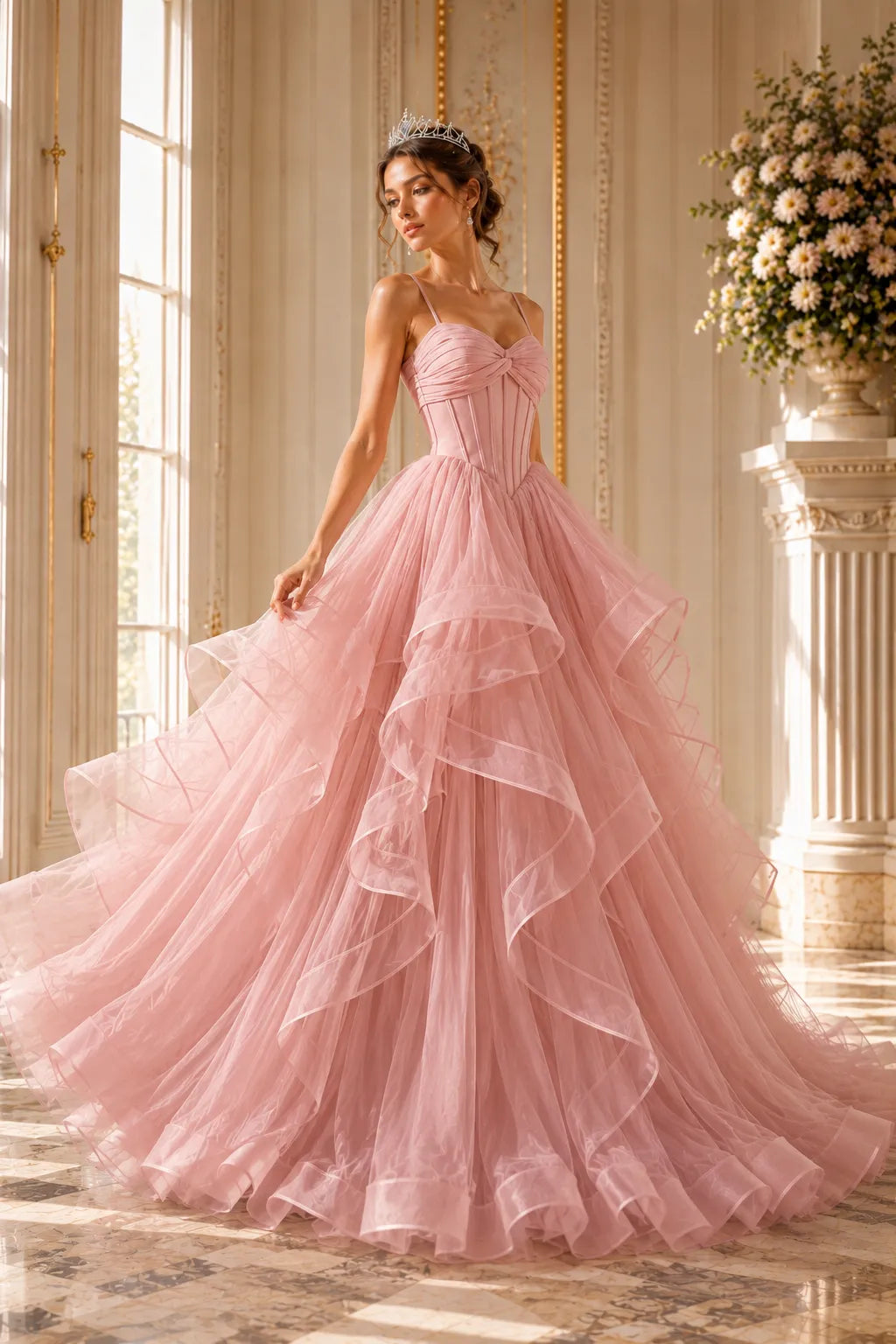 Romantic Ruffled Tulle Prom Dress Gown