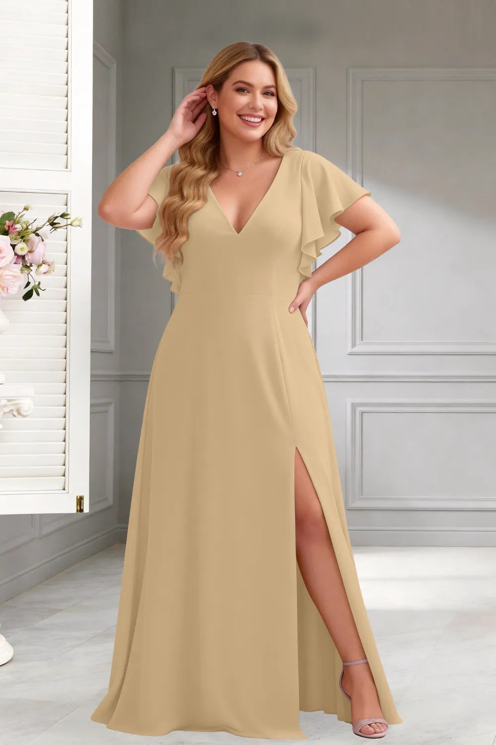 Classic V-Neck Ruffle Sleeve Formal Maxi Dress