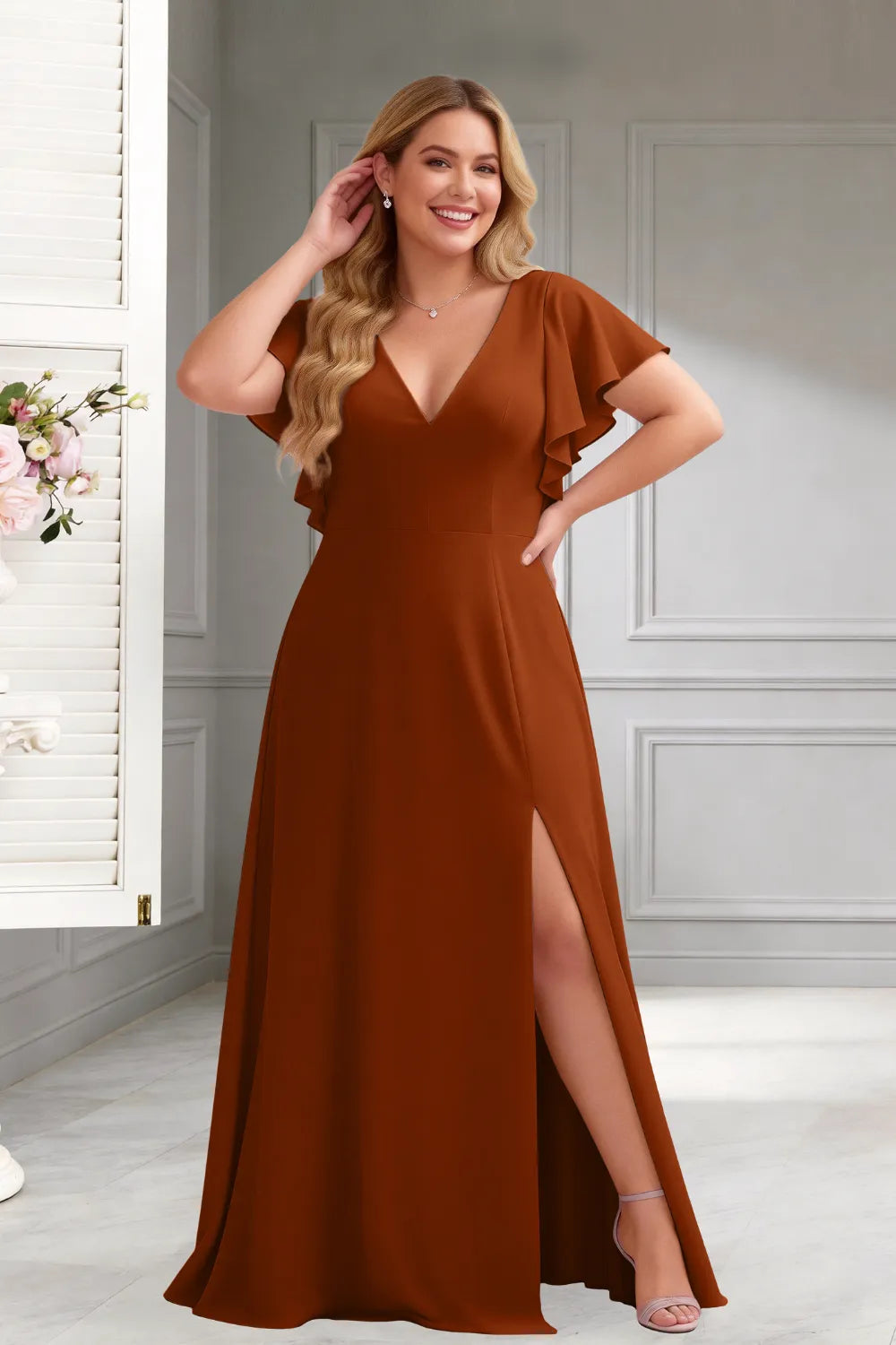 Classic V-Neck Ruffle Sleeve Formal Maxi Dress