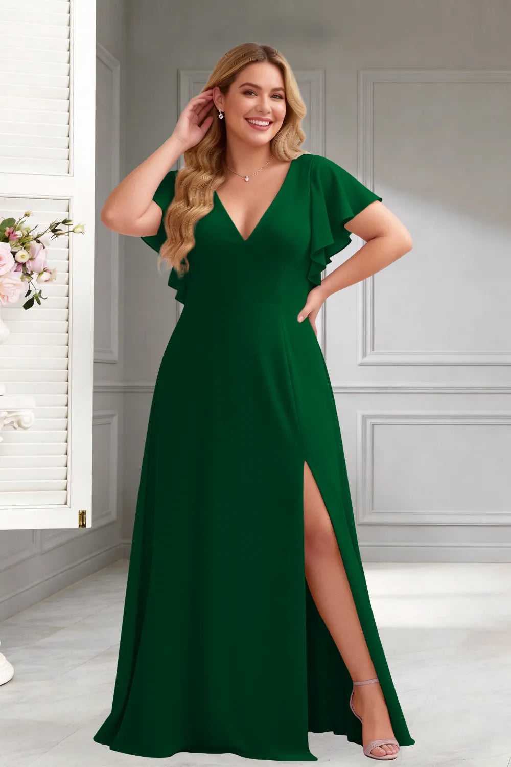 Classic V-Neck Ruffle Sleeve Formal Maxi Dress