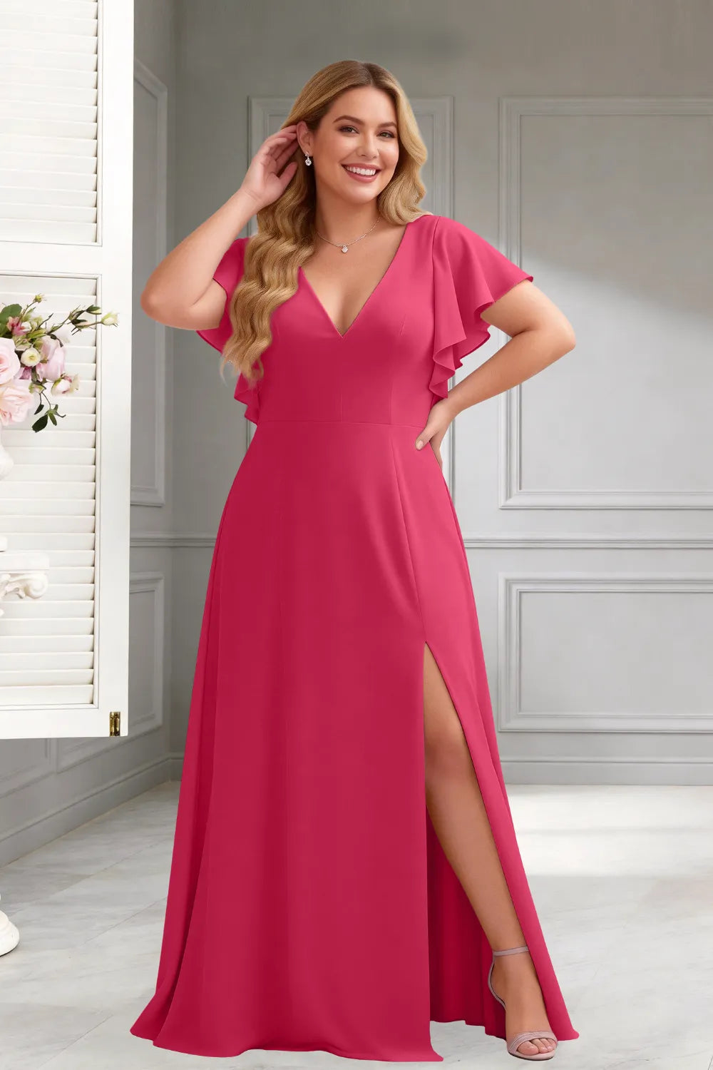 Classic V-Neck Ruffle Sleeve Formal Maxi Dress