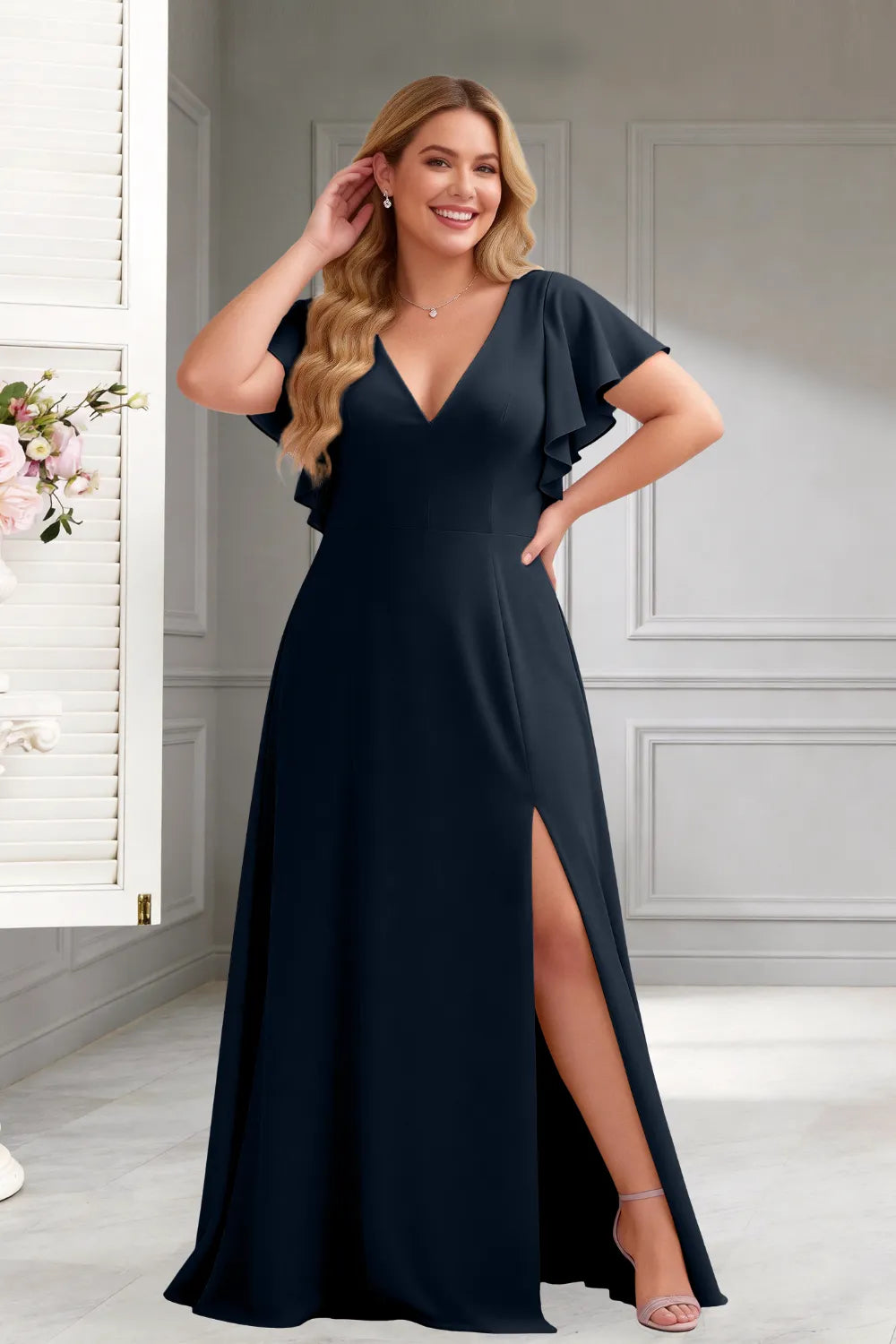 Classic V-Neck Ruffle Sleeve Formal Maxi Dress