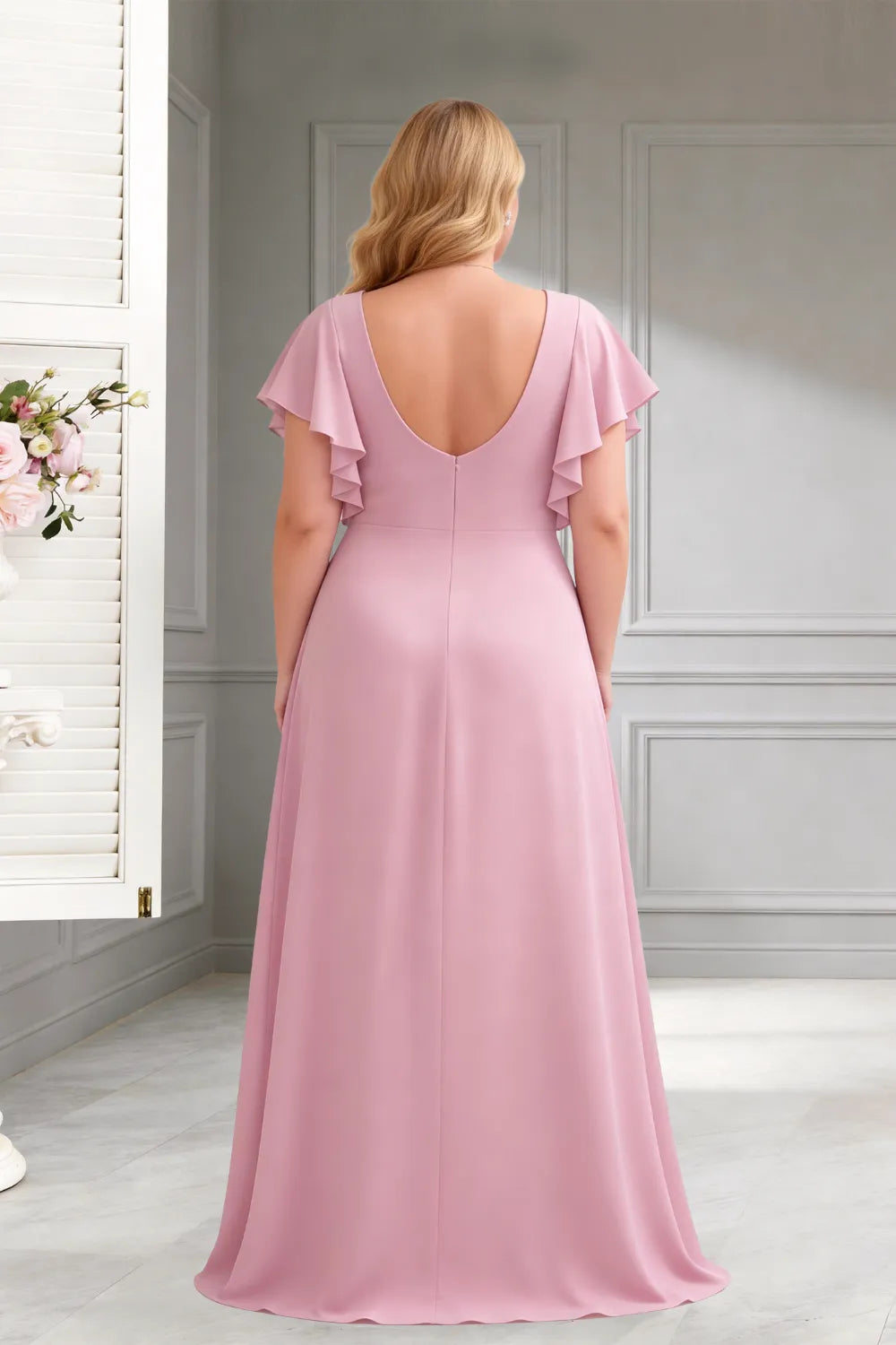 Classic V-Neck Ruffle Sleeve Formal Maxi Dress