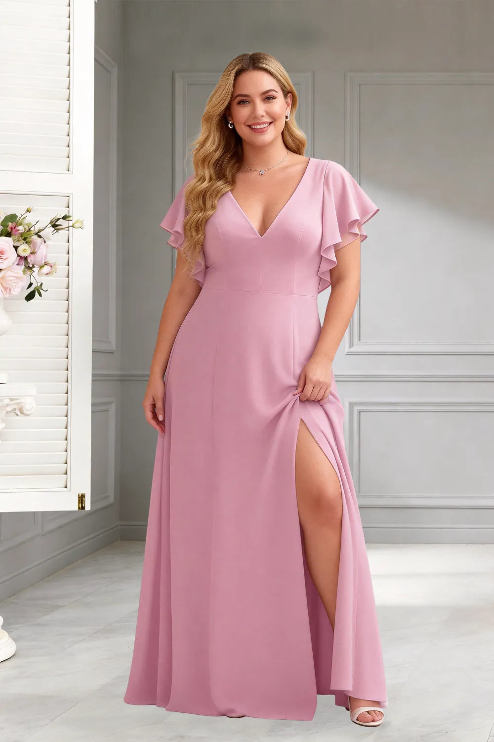 Classic V-Neck Ruffle Sleeve Formal Maxi Dress