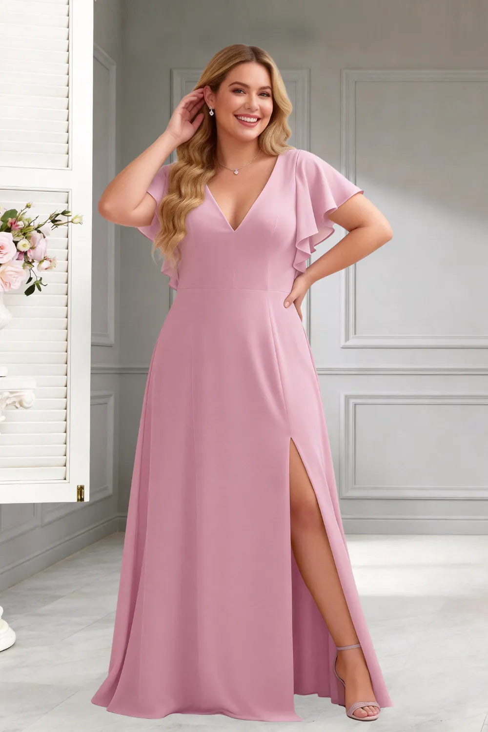 Classic V-Neck Ruffle Sleeve Formal Maxi Dress