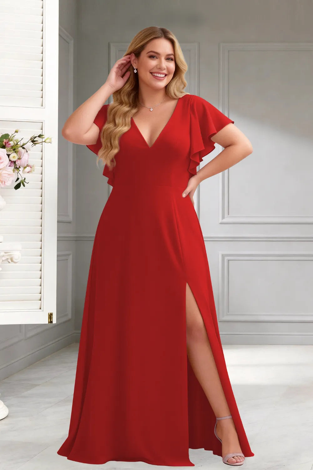 Classic V-Neck Ruffle Sleeve Formal Maxi Dress