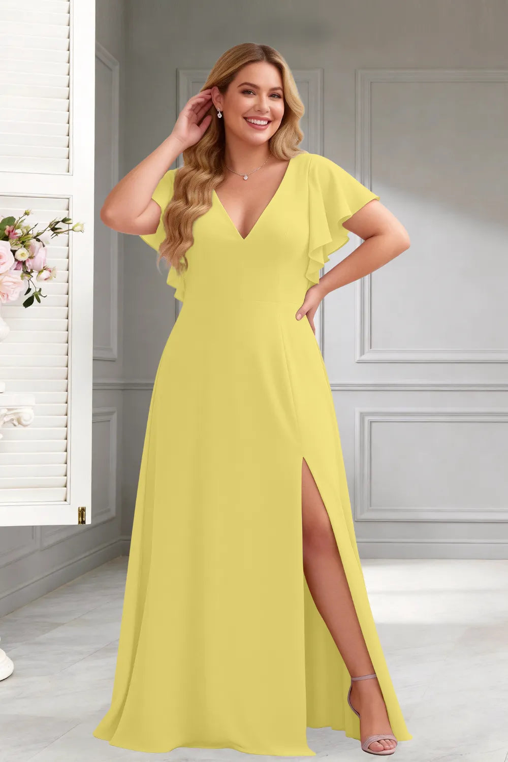 Classic V-Neck Ruffle Sleeve Formal Maxi Dress
