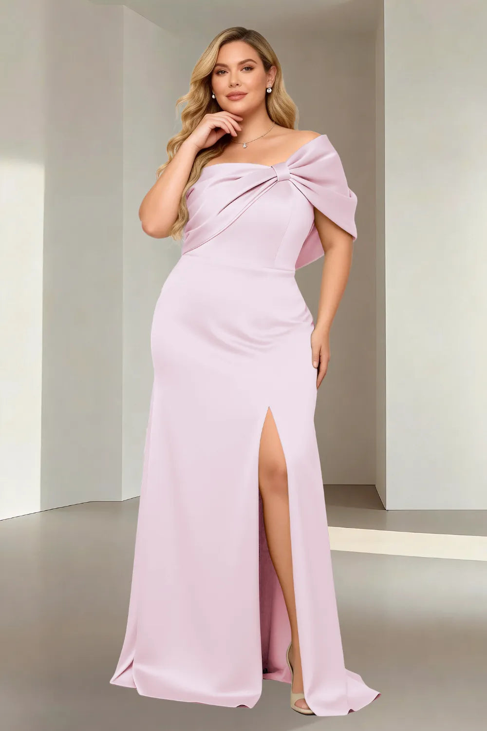 Aurora Off-Shoulder Bow Satin Evening Gown