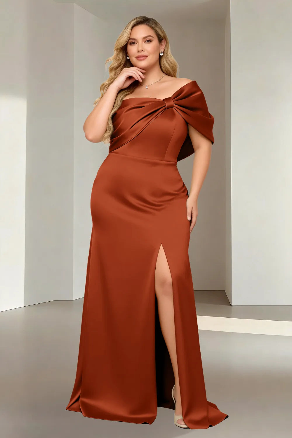 Aurora Off-Shoulder Bow Satin Evening Gown
