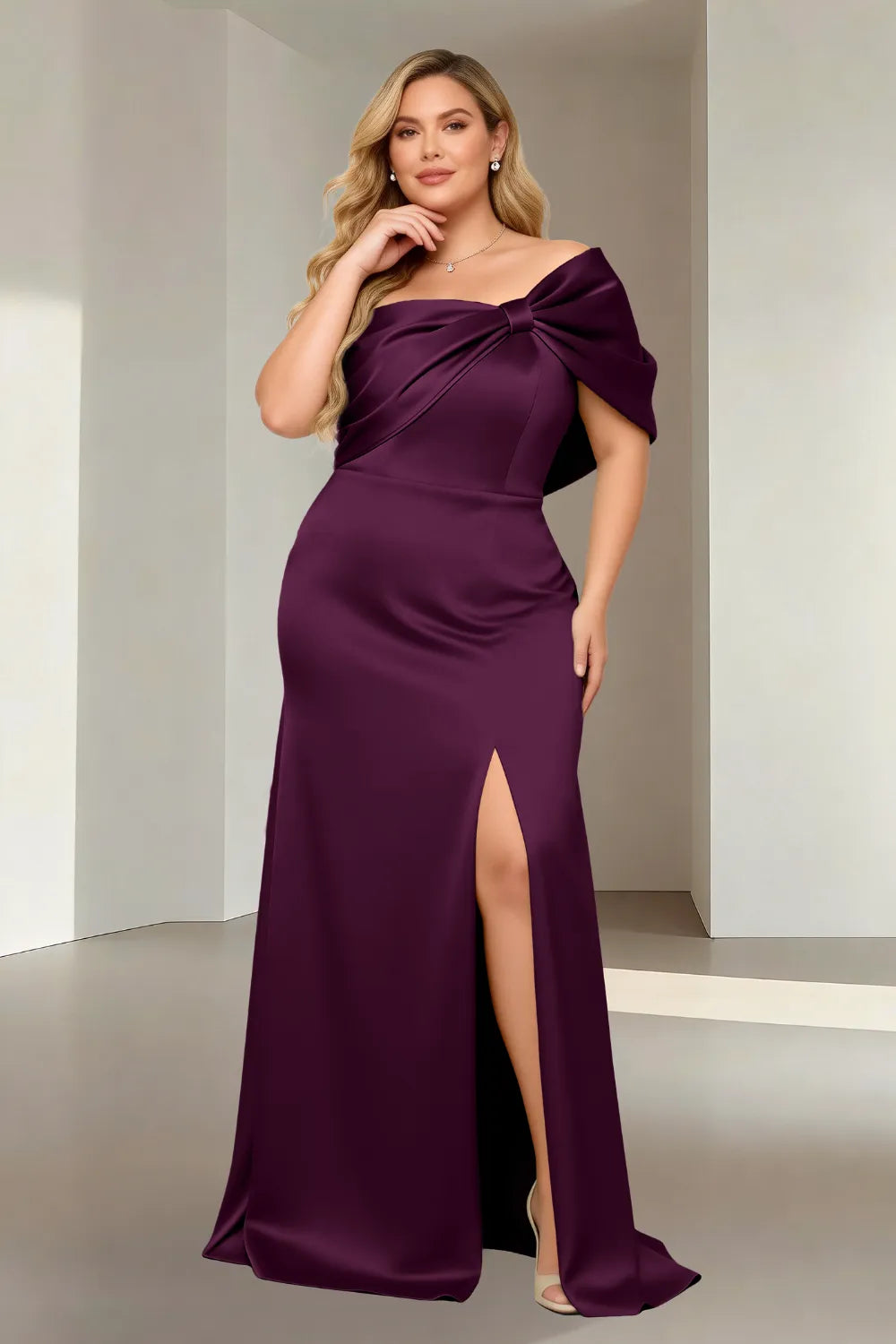 Aurora Off-Shoulder Bow Satin Evening Gown