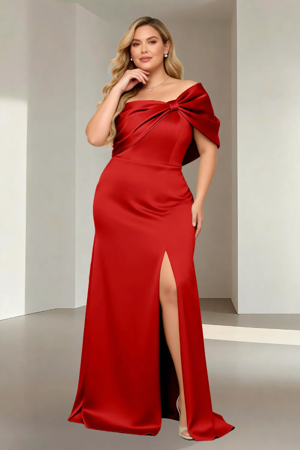 Aurora Off-Shoulder Bow Satin Evening Gown